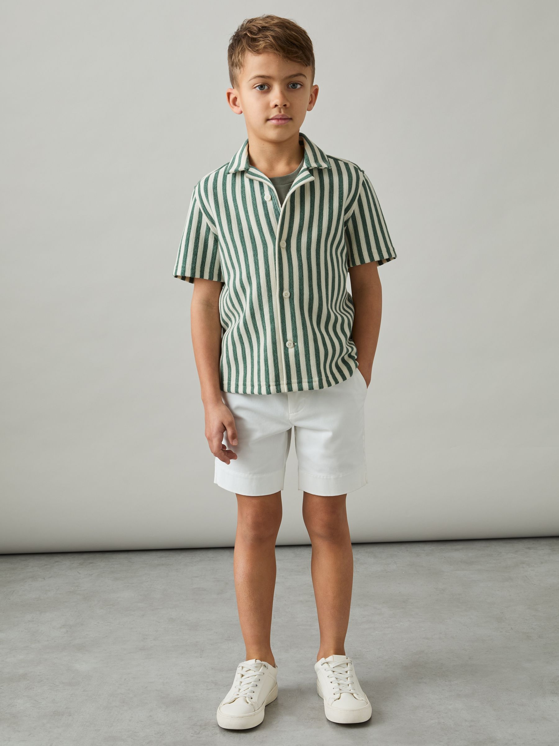 9-13 yrs Textured Stripe Cuban-Collar Shirt in Green/White - Image 3 of 4
