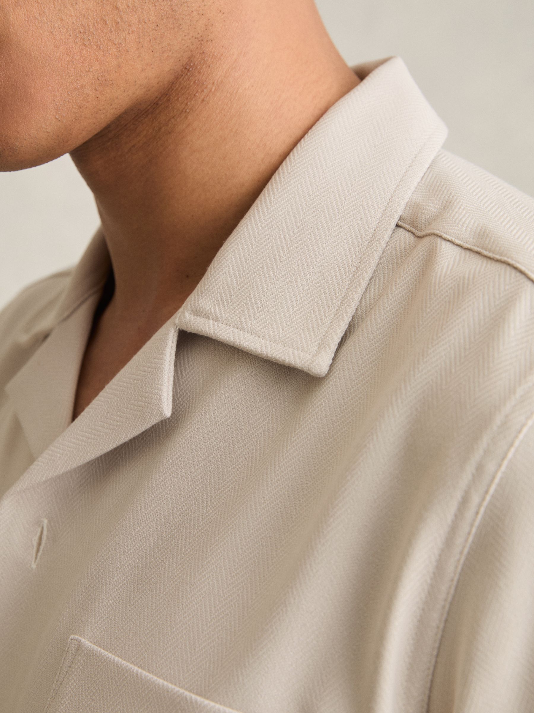 Herringbone Twill Cuban Collar Short Sleeve Shirt in Stone - Image 4 of 6