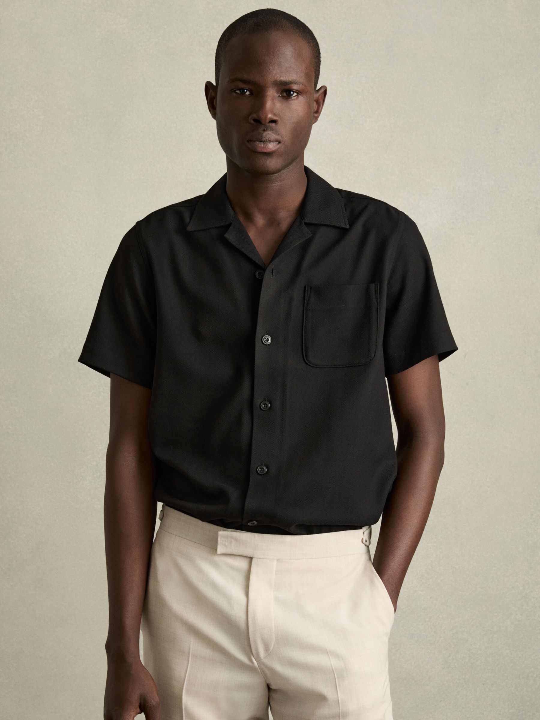 Herringbone Twill Cuban Collar Short Sleeve Shirt in Black - Image 1 of 6