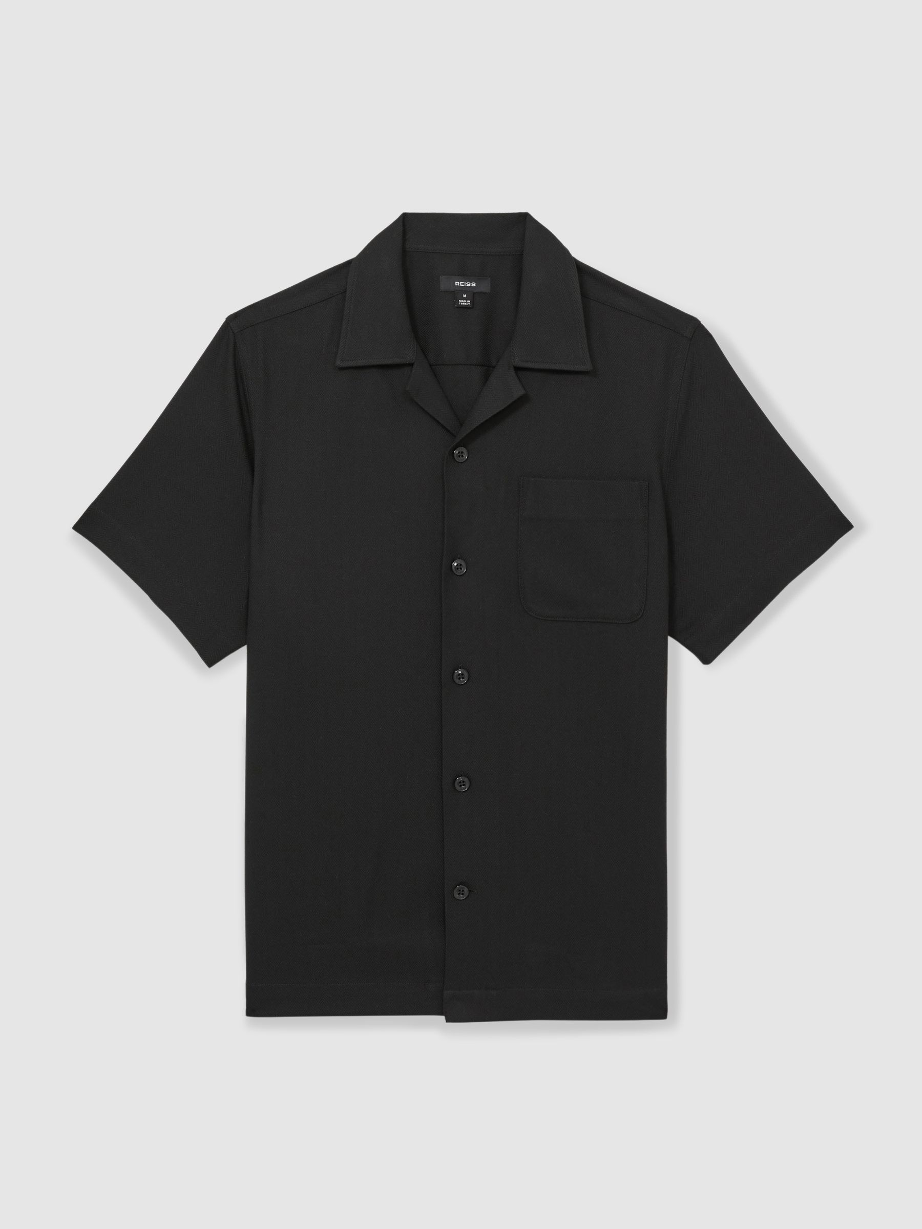 Herringbone Twill Cuban Collar Short Sleeve Shirt in Black - Image 2 of 6