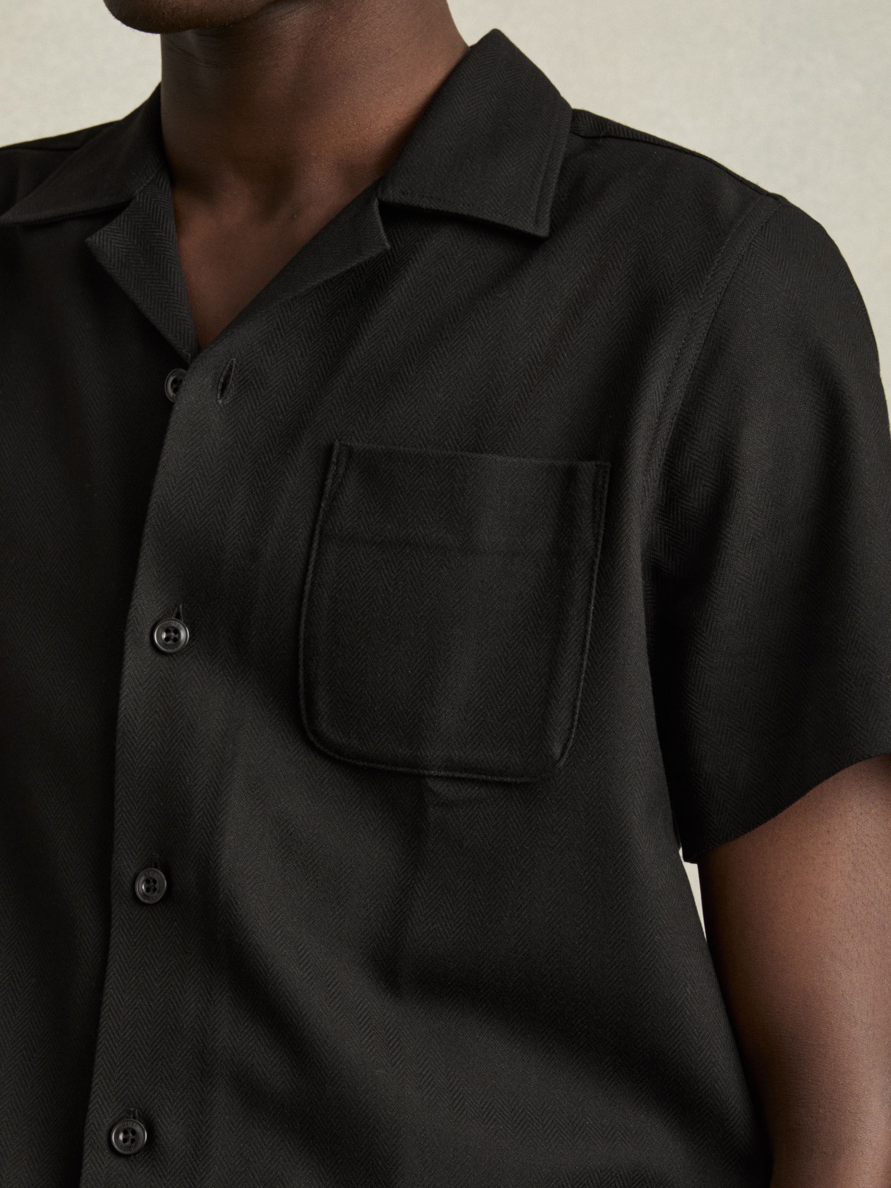 Herringbone Twill Cuban Collar Short Sleeve Shirt in Black - Image 4 of 6