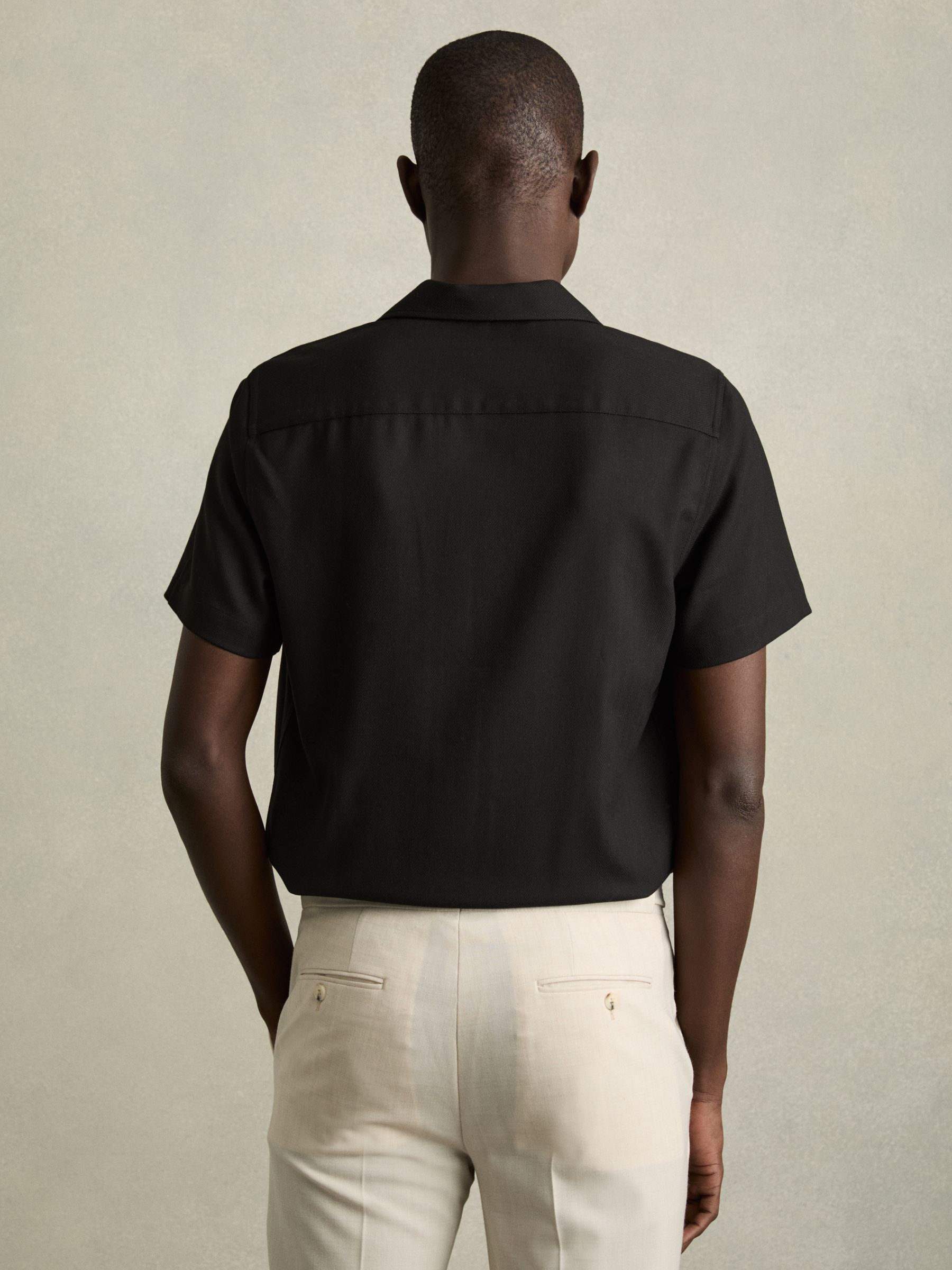 Herringbone Twill Cuban Collar Short Sleeve Shirt in Black - Image 5 of 6