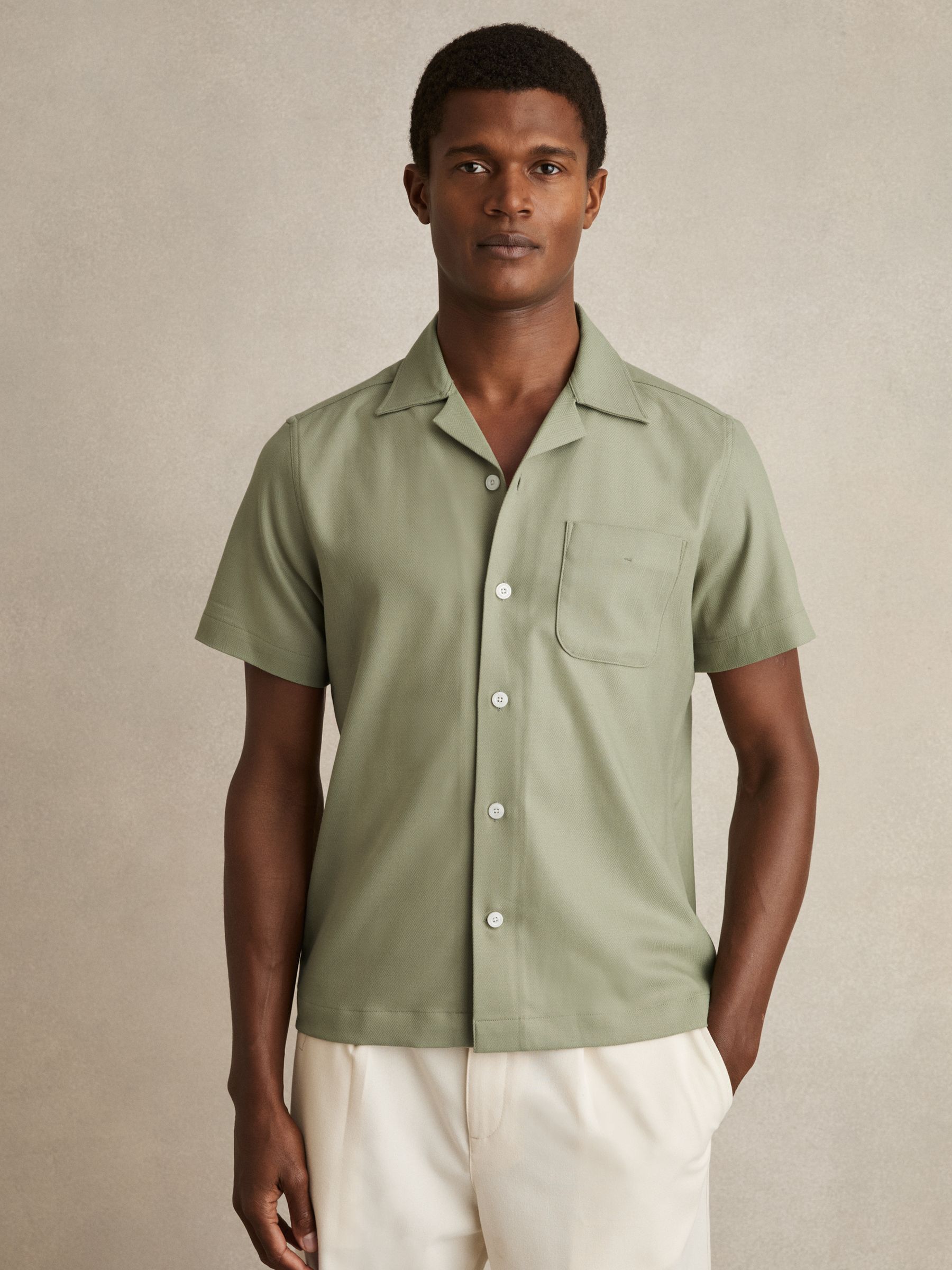 Herringbone Twill Cuban Collar Short Sleeve Shirt in Sage Green - Image 1 of 7