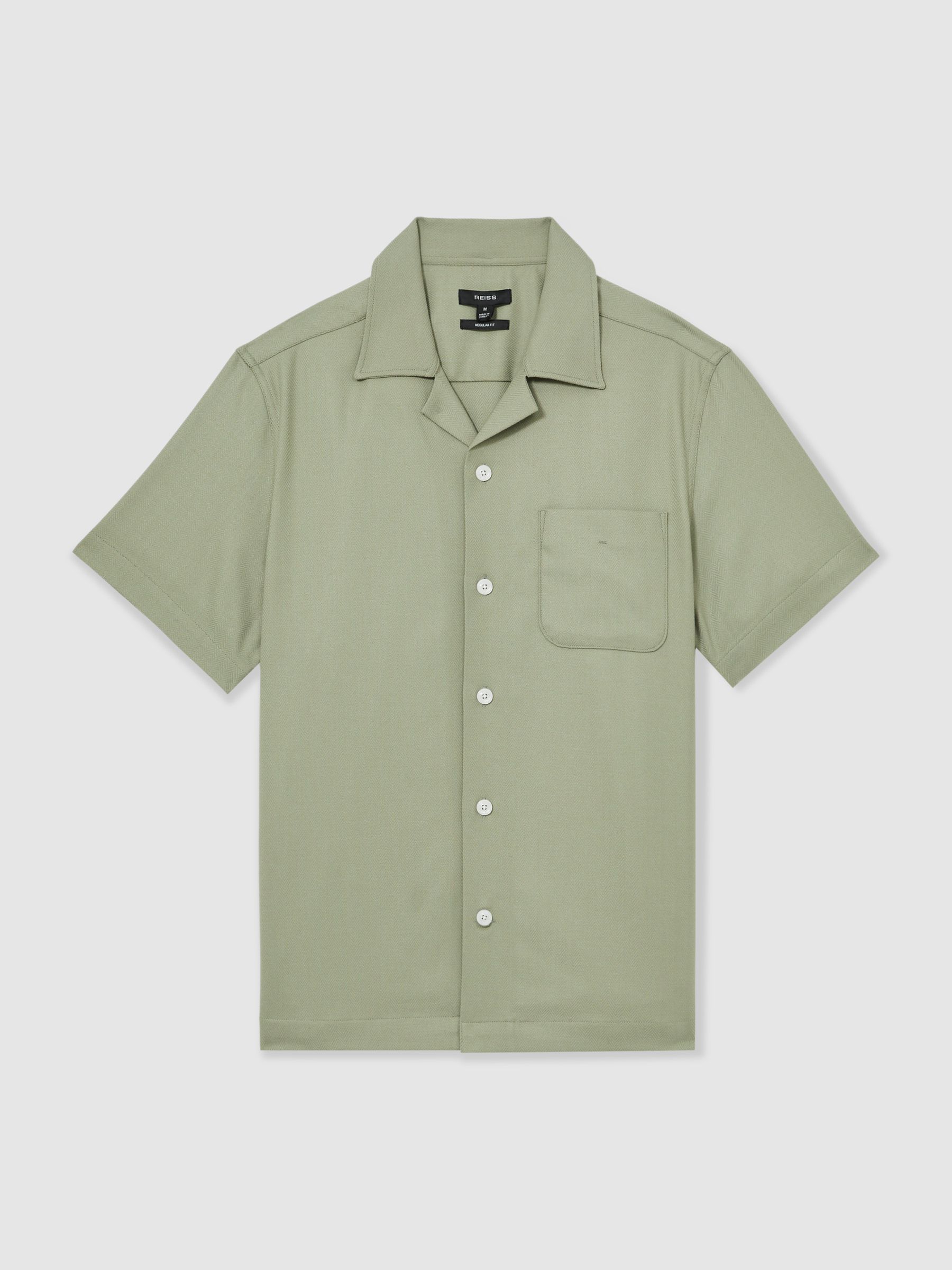 Herringbone Twill Cuban Collar Short Sleeve Shirt in Sage Green - Image 2 of 7