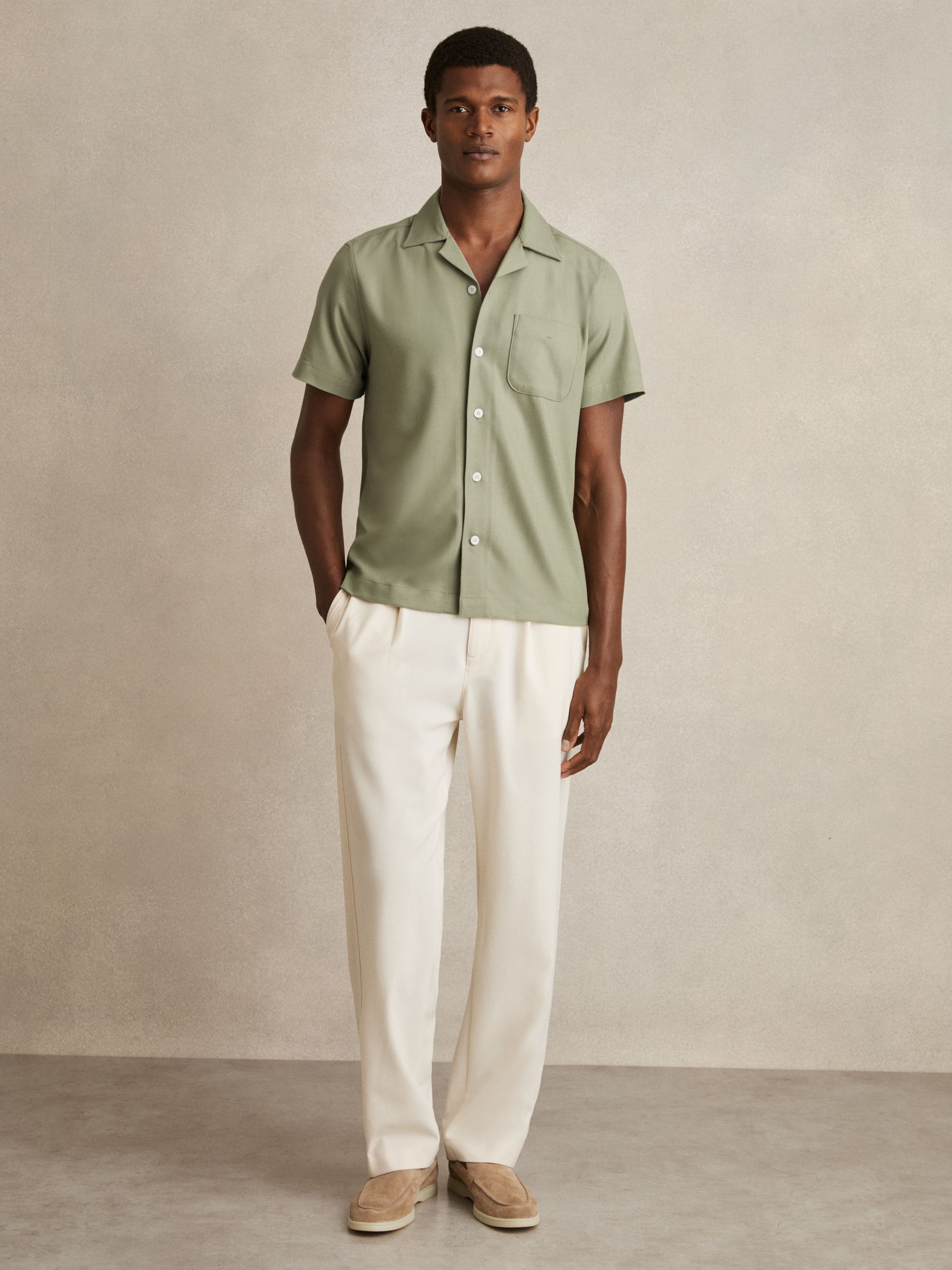 Herringbone Twill Cuban Collar Short Sleeve Shirt in Sage Green - Image 3 of 7