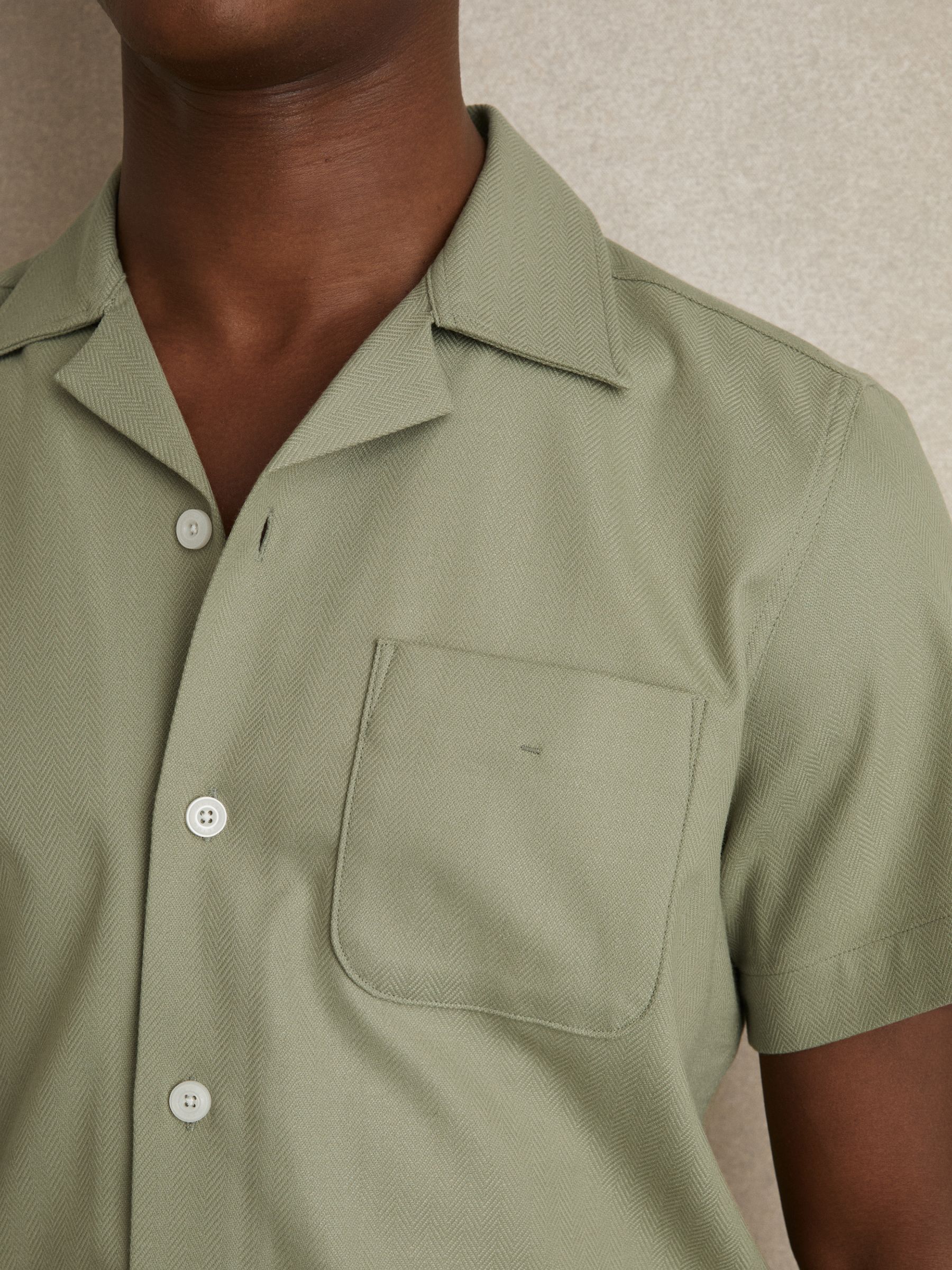 Herringbone Twill Cuban Collar Short Sleeve Shirt in Sage Green - Image 4 of 7