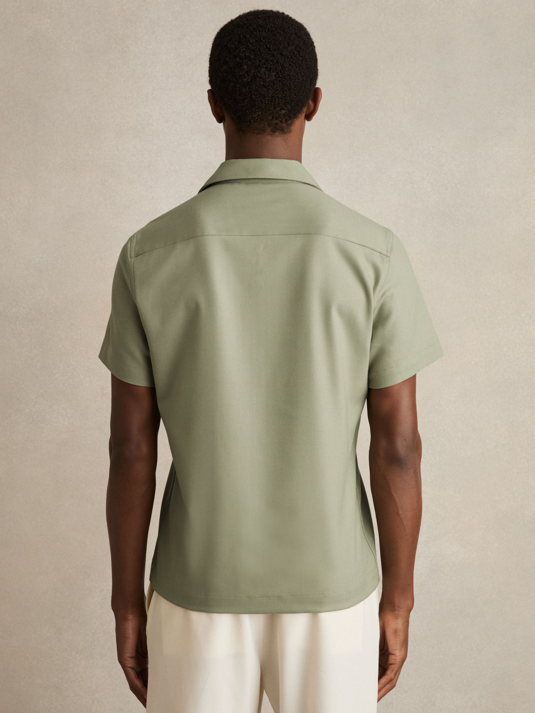 Herringbone Twill Cuban Collar Short Sleeve Shirt in Sage Green - Image 5 of 7