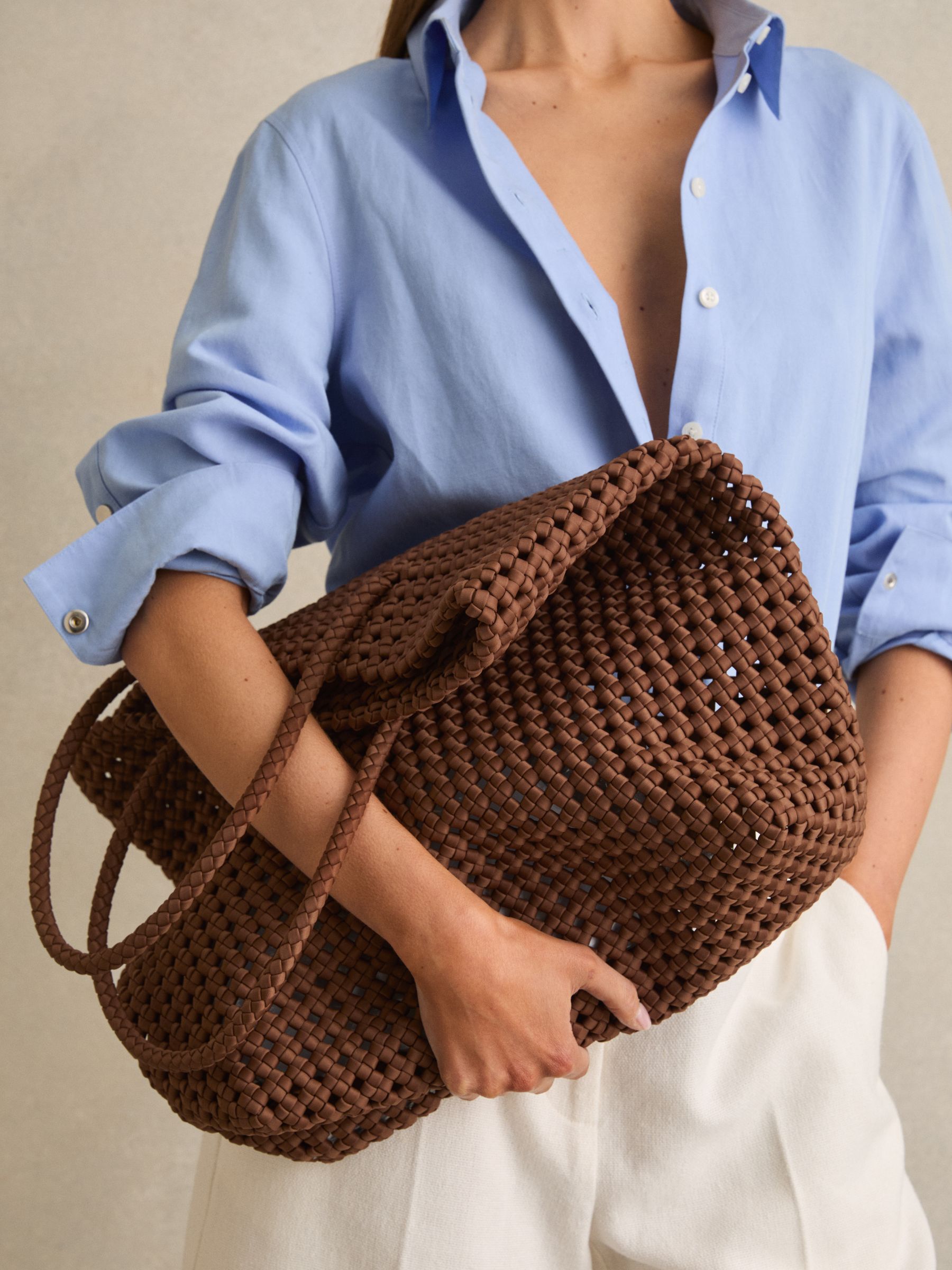 Woven Neoprene Tote Bag in Tan - Image 2 of 5