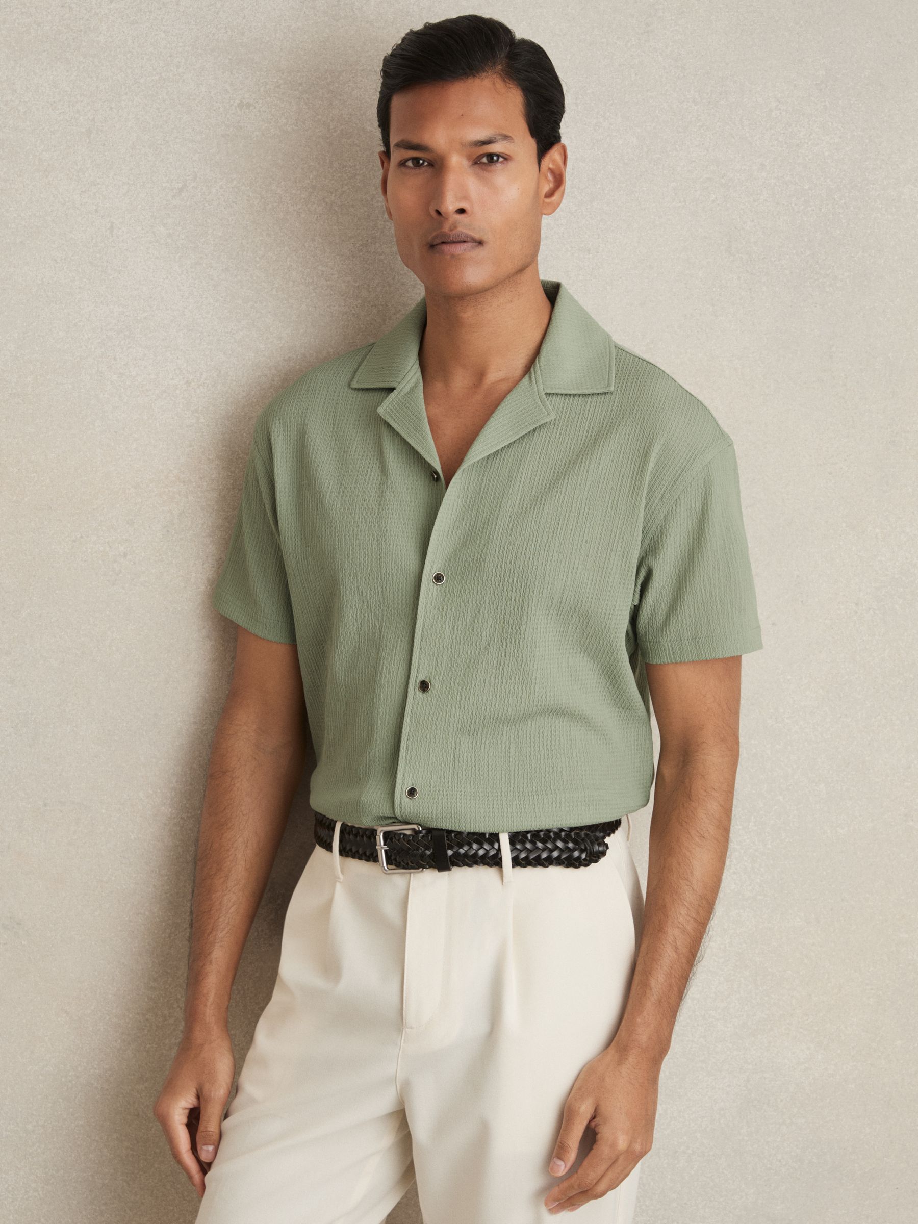 Textured Cuban Collar Shirt in Sage Green - Image 1 of 6