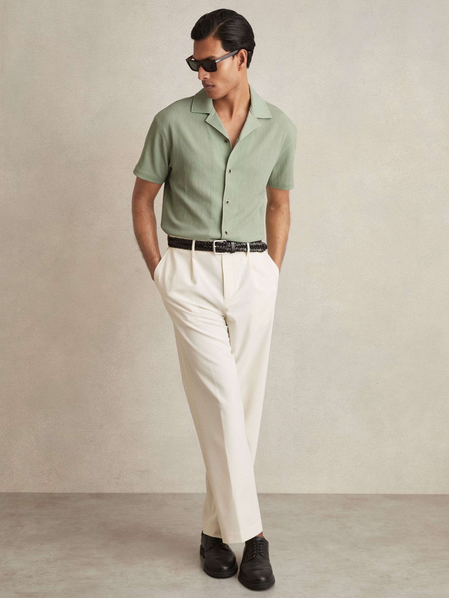 Textured Cuban Collar Shirt in Sage Green - Image 3 of 6
