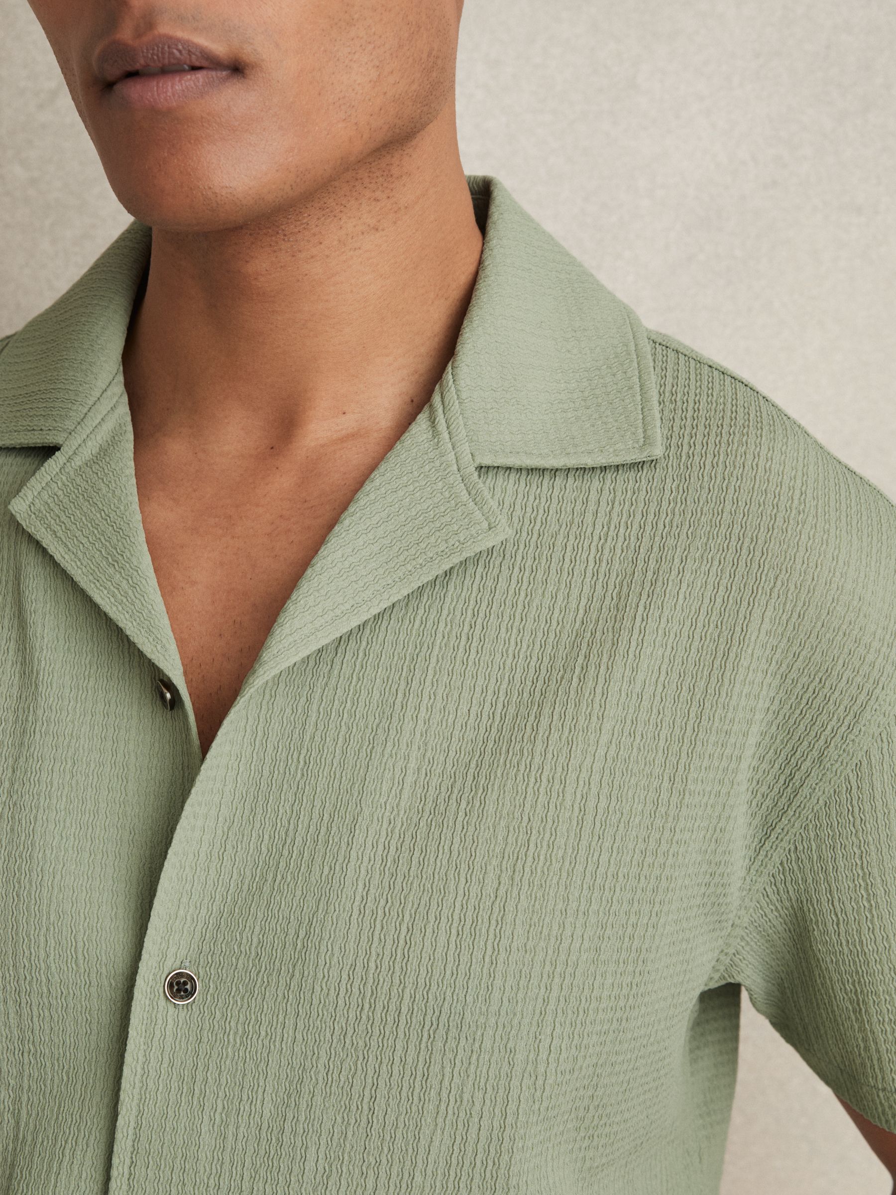 Reiss Textured Crepe Cuban Collar Shirt in Sage Green | REISS