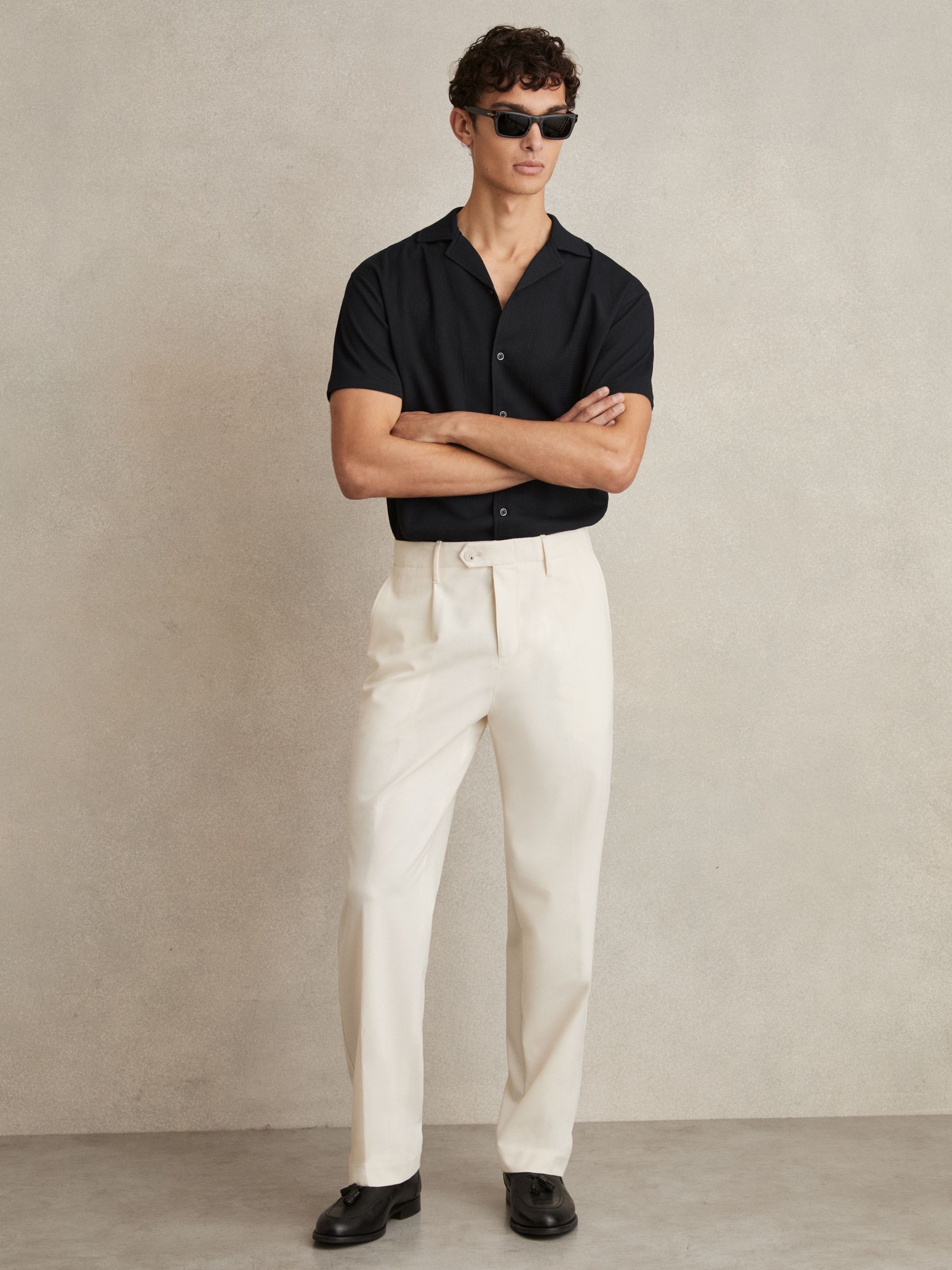Textured Cuban Collar Shirt in Navy - Image 3 of 6