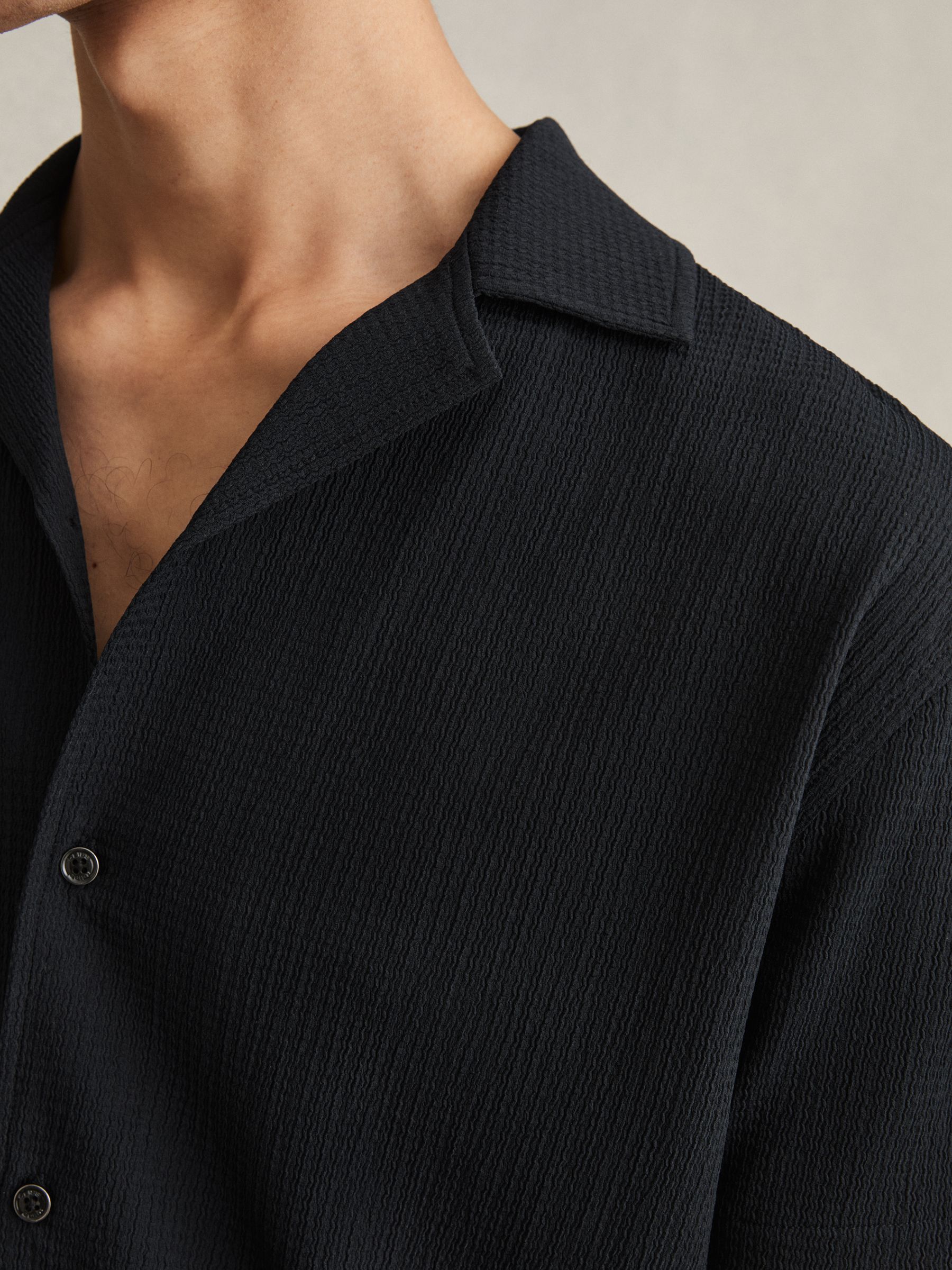 Textured Cuban Collar Shirt in Navy - Image 4 of 6