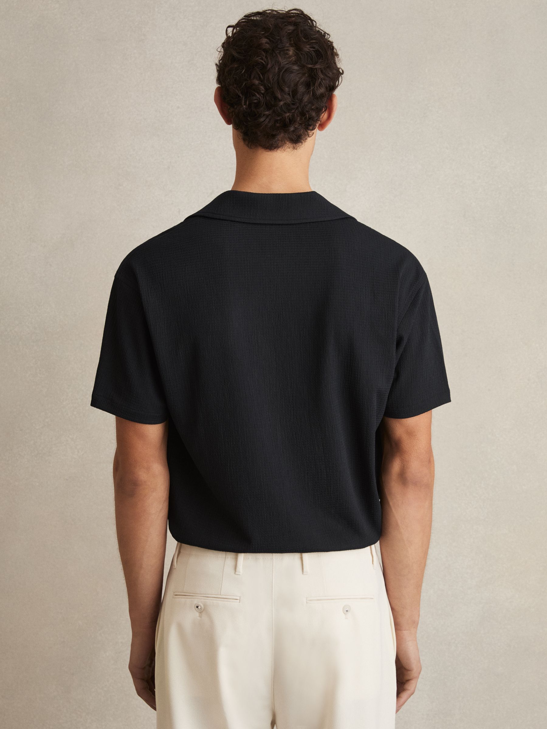 Textured Cuban Collar Shirt in Navy - Image 5 of 6