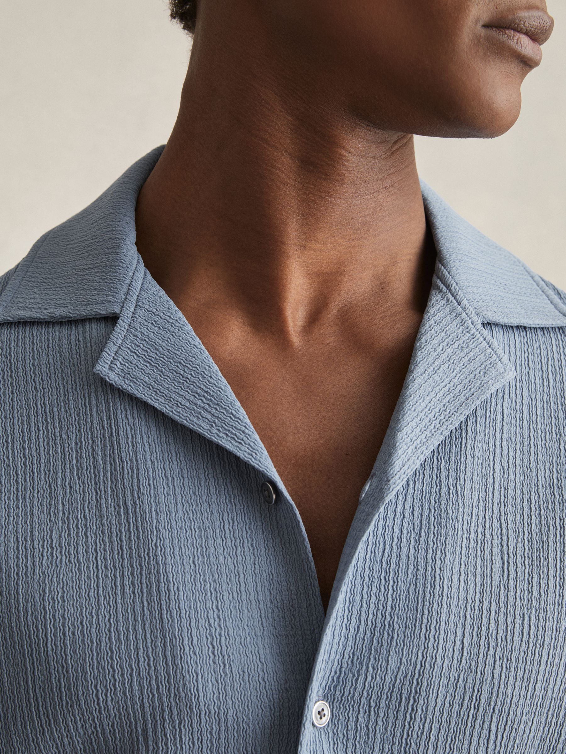 Textured Cuban Collar Shirt in Soft Blue - Image 4 of 6