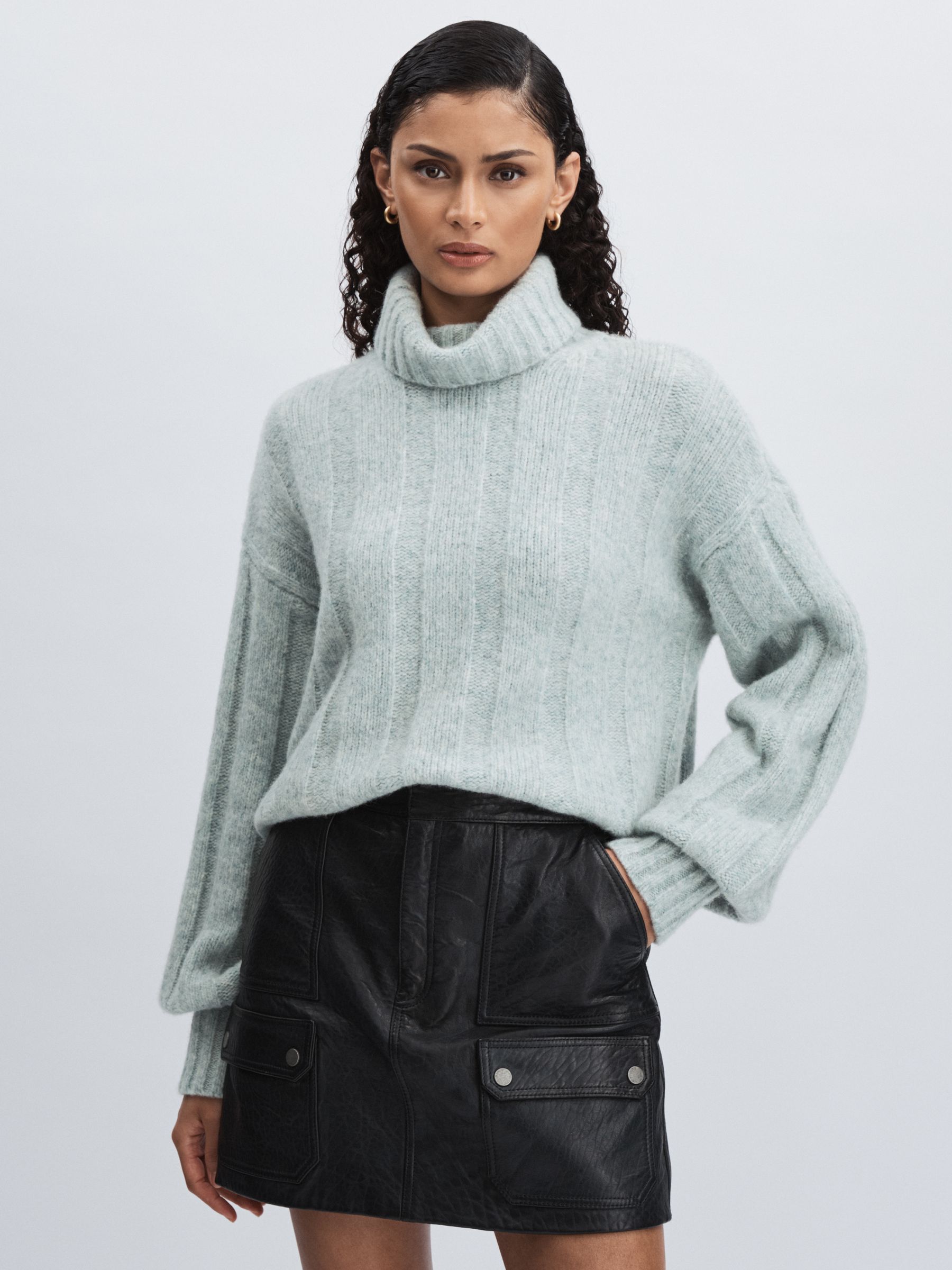 Paige Wool Blend Ribbed Roll Neck Jumper in Ocean - Image 1 of 6