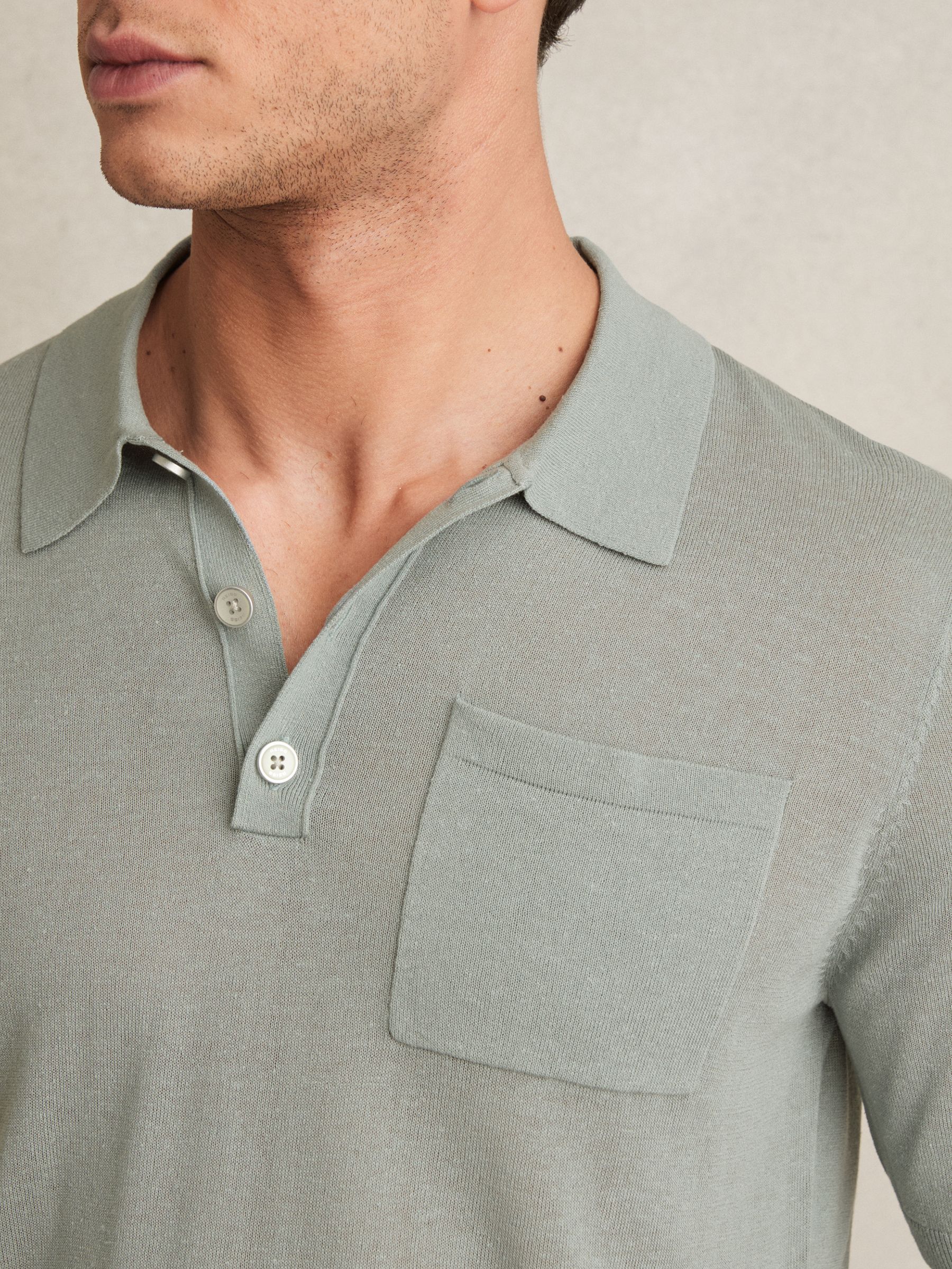 Patch Pocket Knit Polo Shirt in Sage - Image 3 of 5