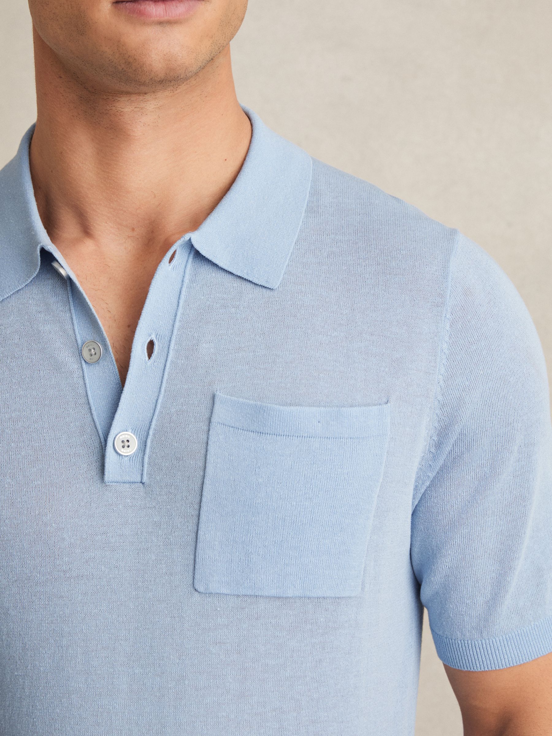 Patch Pocket Knit Polo Shirt in Mid Blue - Image 4 of 7