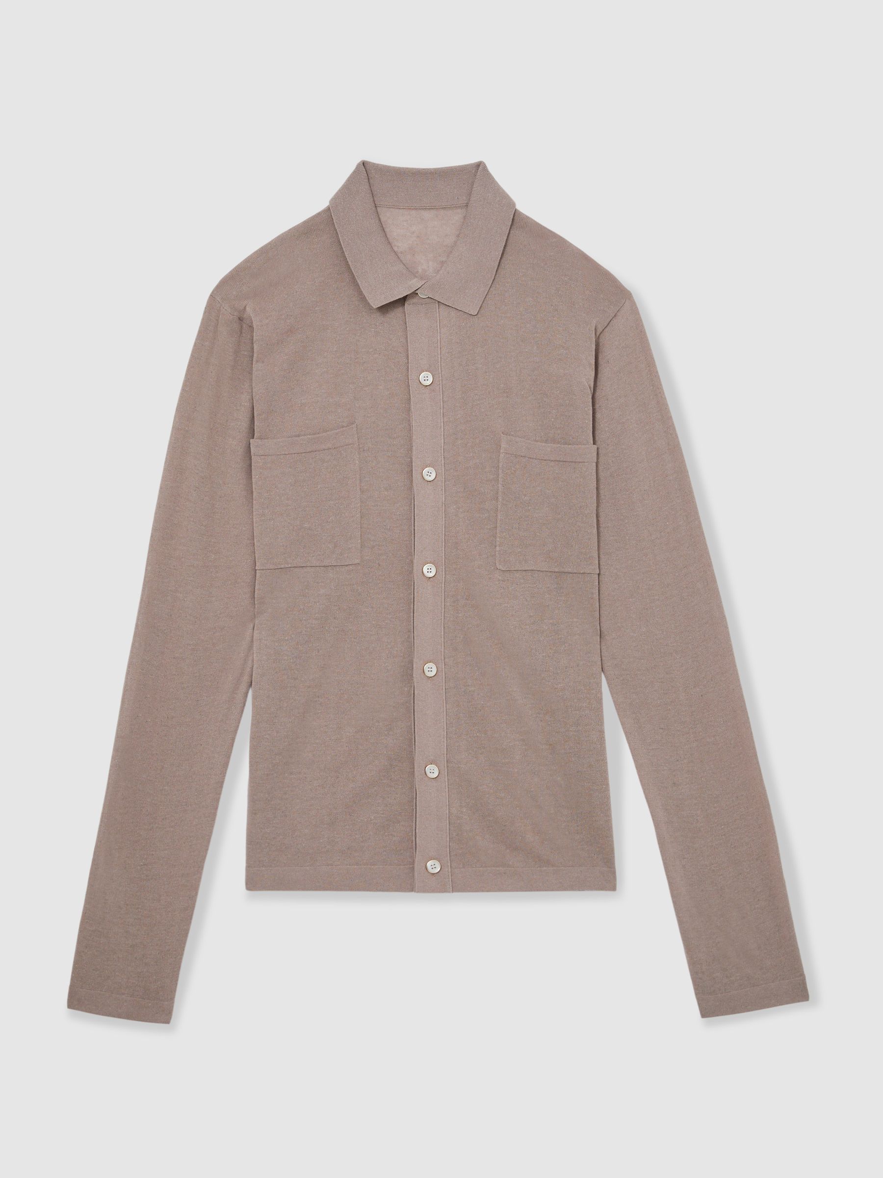 Button-Through Knit Shirt With Linen in Taupe Brown - Image 2 of 6