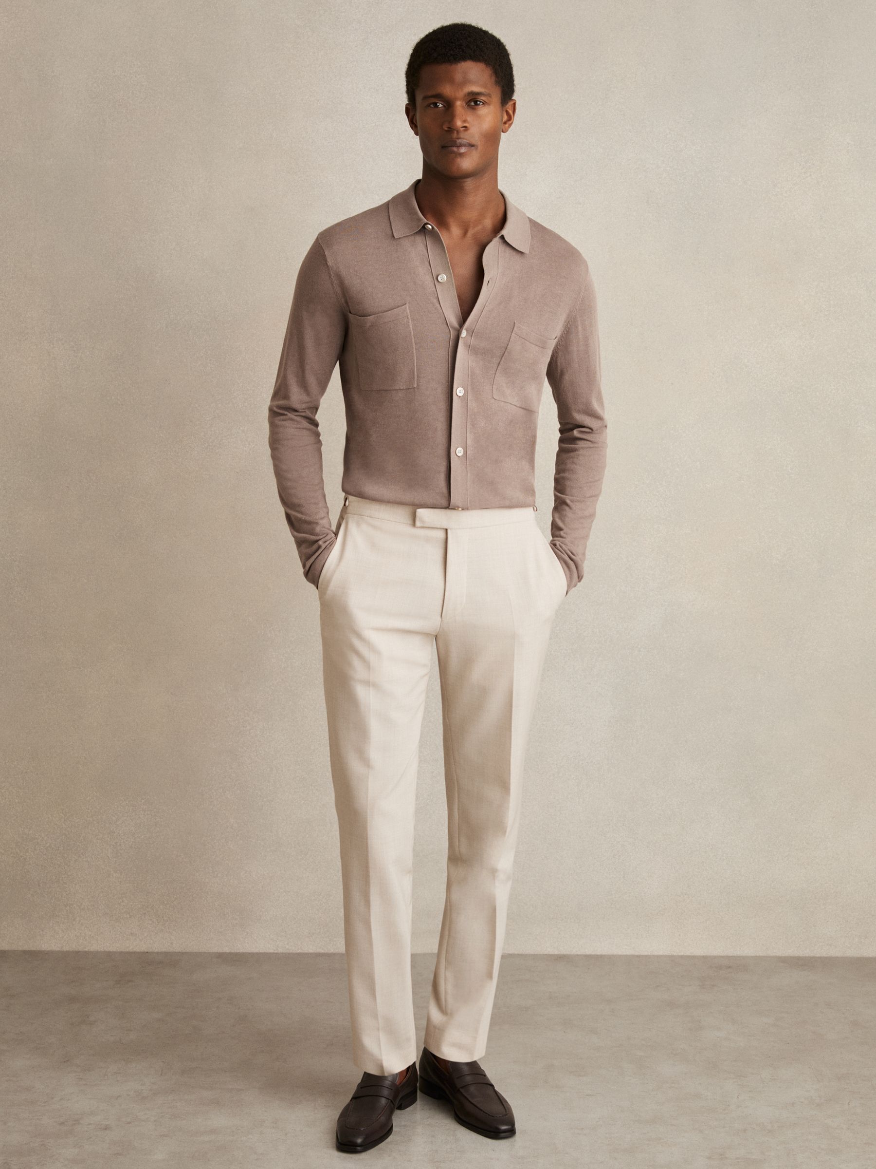 Button-Through Knit Shirt With Linen in Taupe Brown - Image 3 of 6