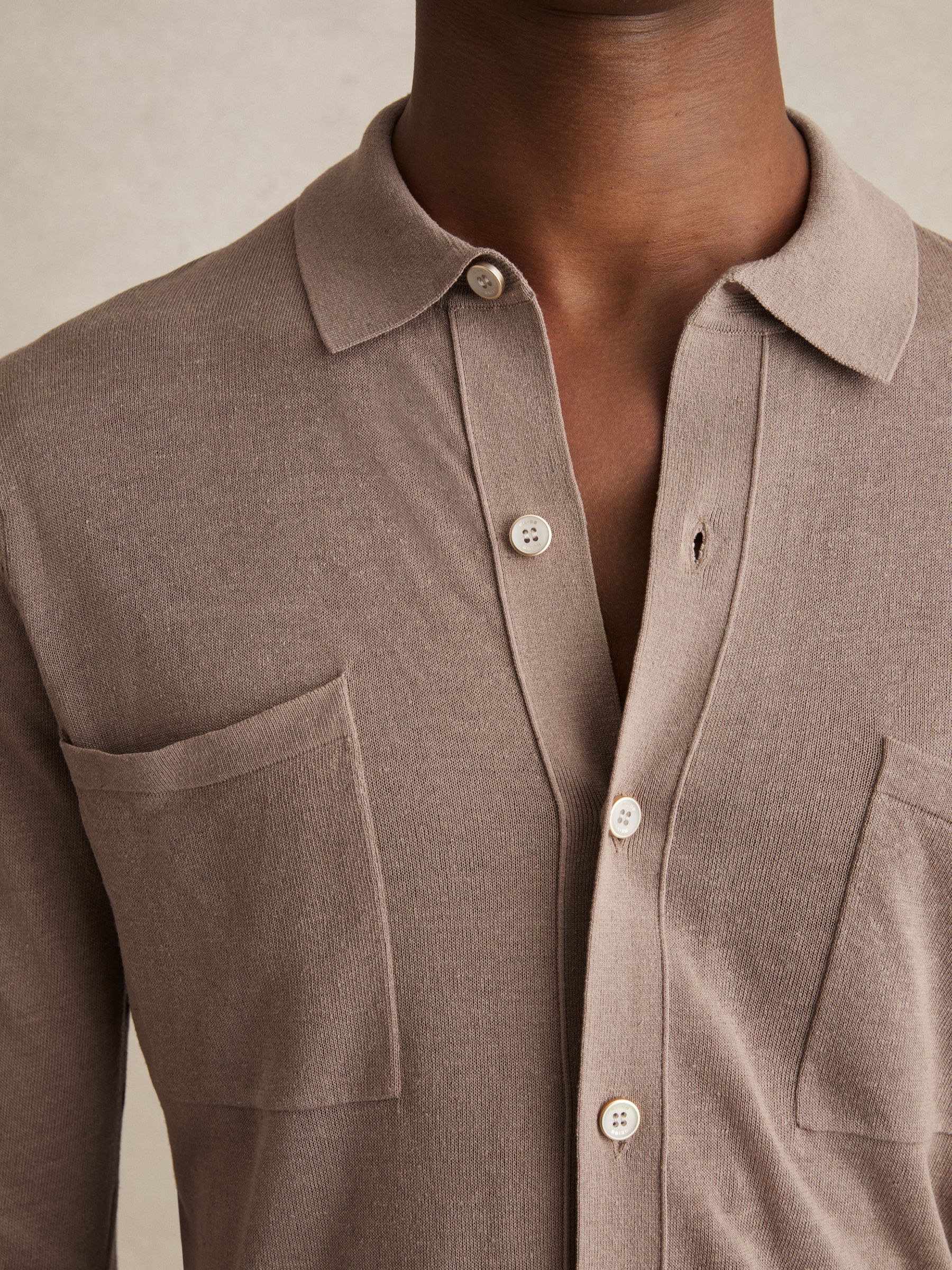 Button-Through Knit Shirt With Linen in Taupe Brown - Image 4 of 6