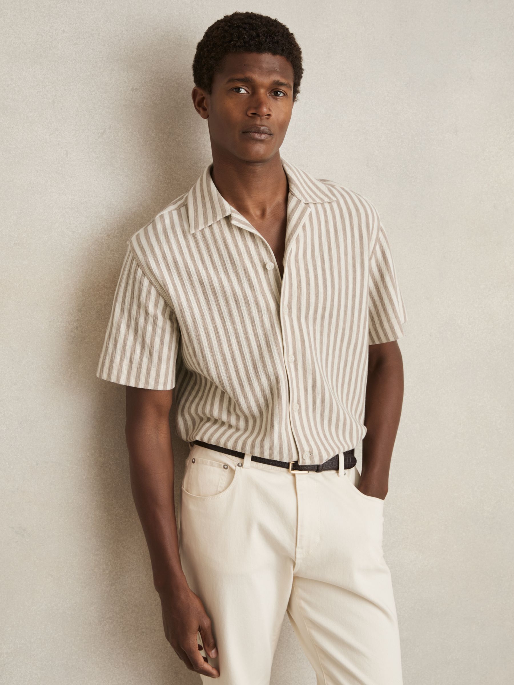 Textured Stripe Cuban-Collar Shirt in Stone/White - Image 3 of 7