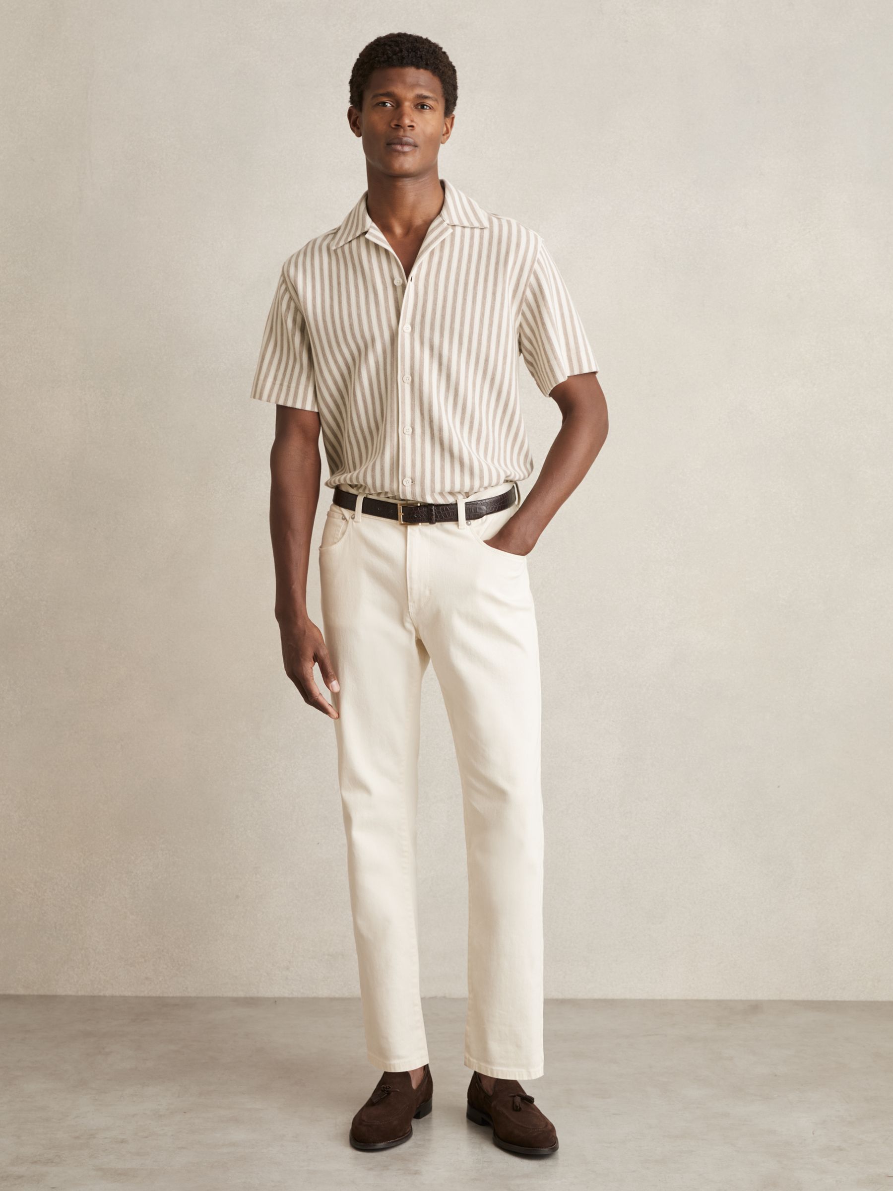 Textured Stripe Cuban-Collar Shirt in Stone/White - Image 4 of 7
