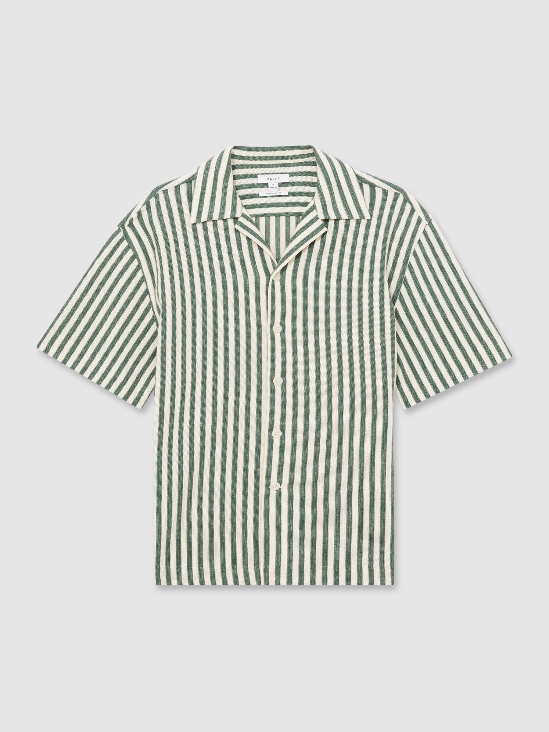 Textured Stripe Cuban-Collar Shirt in Green/White - Image 2 of 5