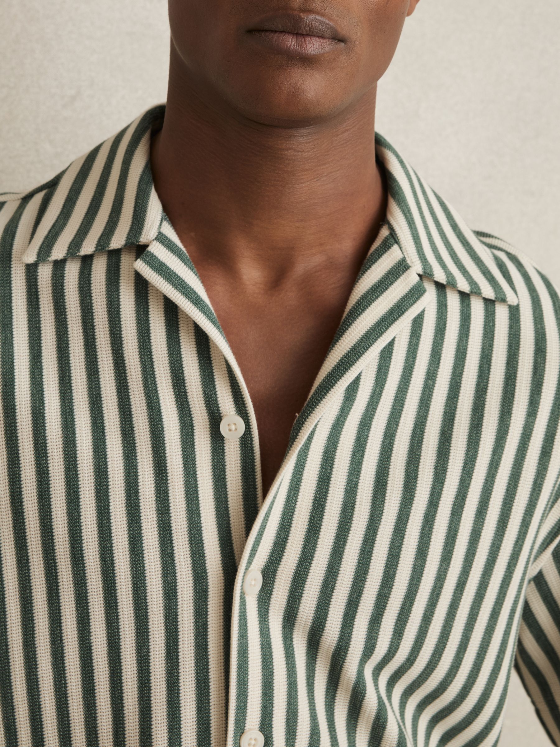Reiss Textured Stripe Cuban-Collar Shirt in Green/White | REISS