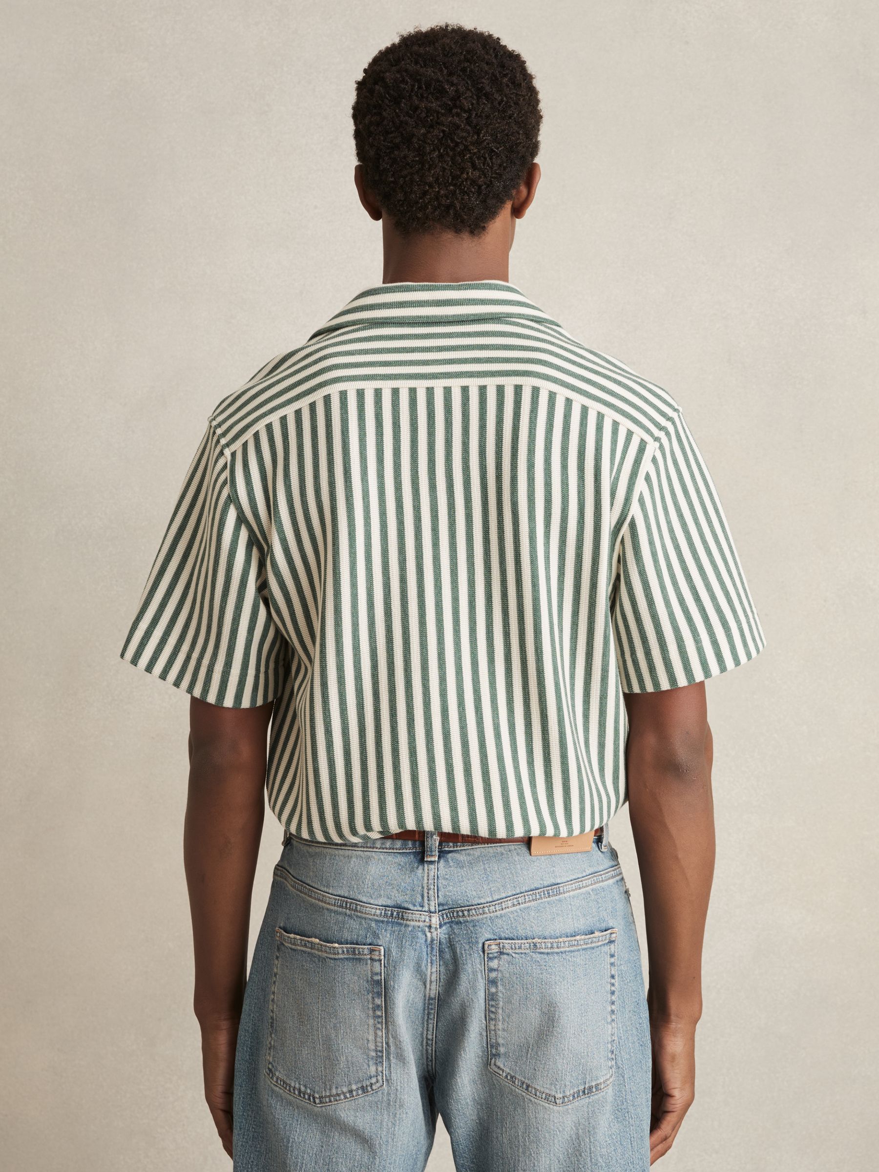 Textured Stripe Cuban-Collar Shirt in Green/White - Image 4 of 5