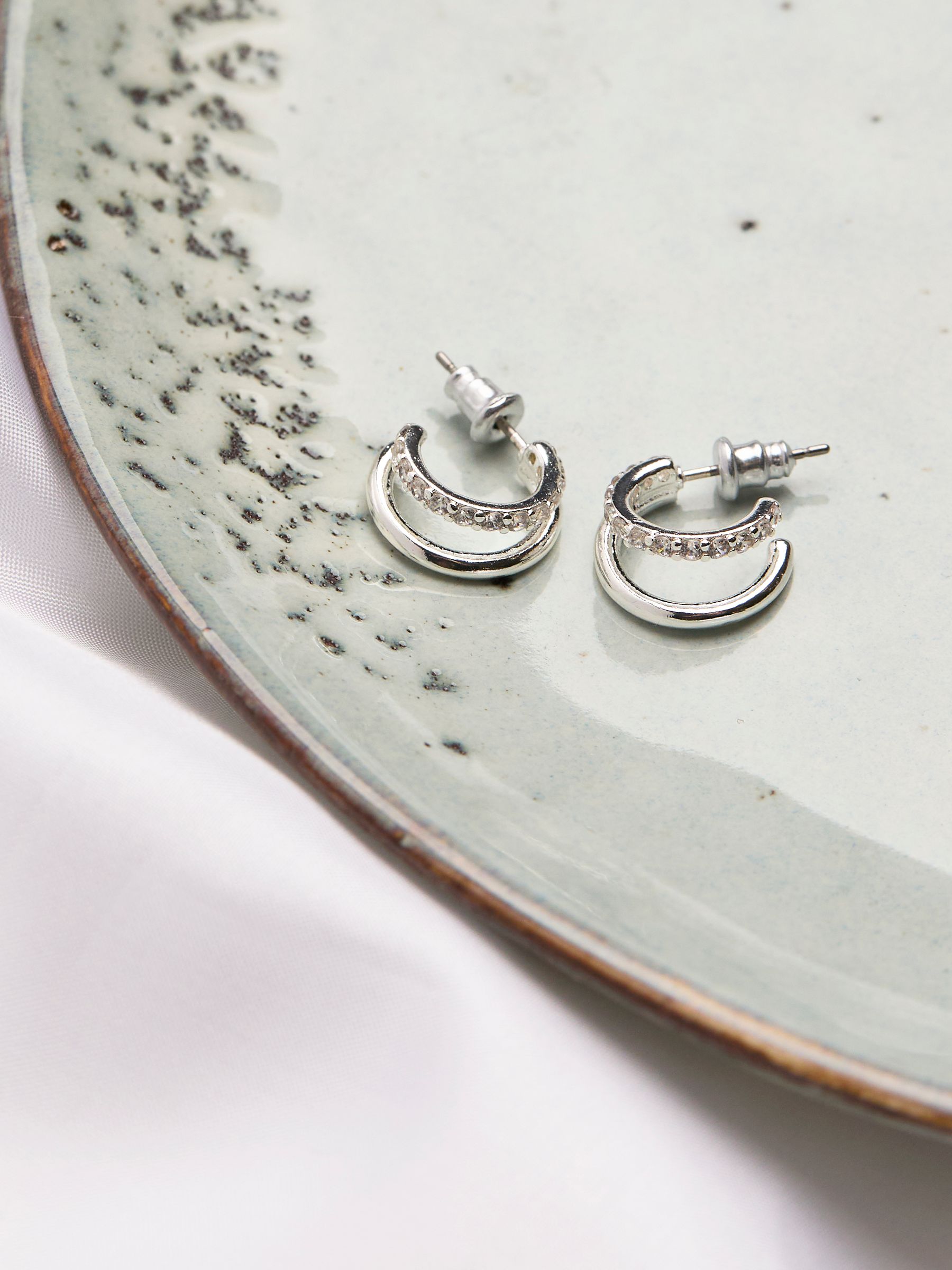 Silver Tone Gem Double Huggie Earrings - Image 2 of 2 Silver Tone Gem Double Huggie Earrings - Image 2 of 2