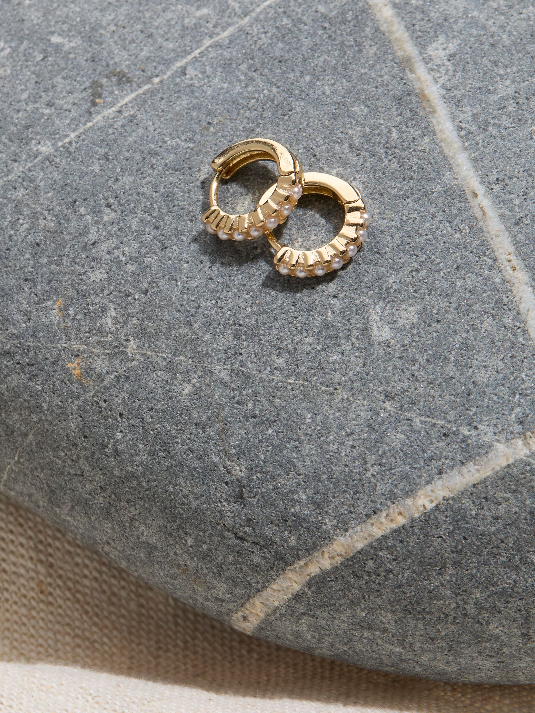Gold Tone Pearl Huggie Earrings - Image 2 of 2