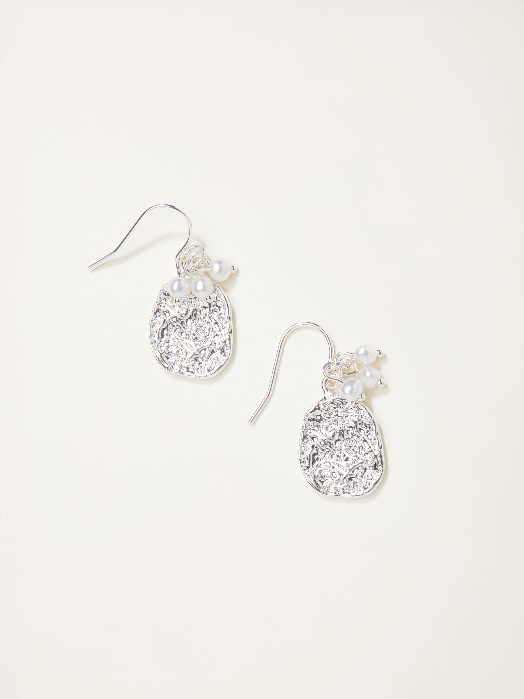 Silver Tone Hammered Pearl Drop Earrings - Image 1 of 2