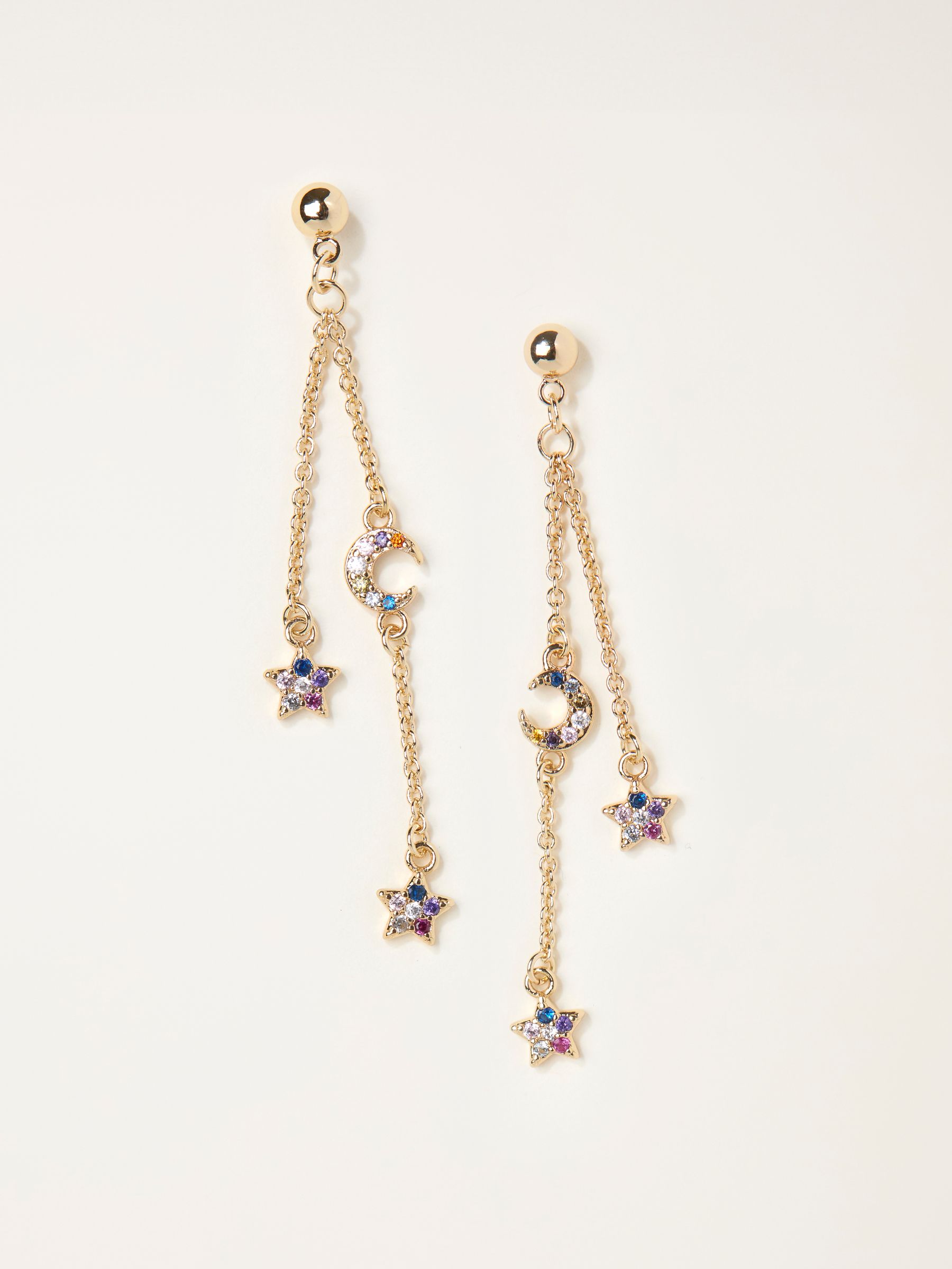 Gold Tone Star and Moon Chain Earrings - Image 1 of 2
