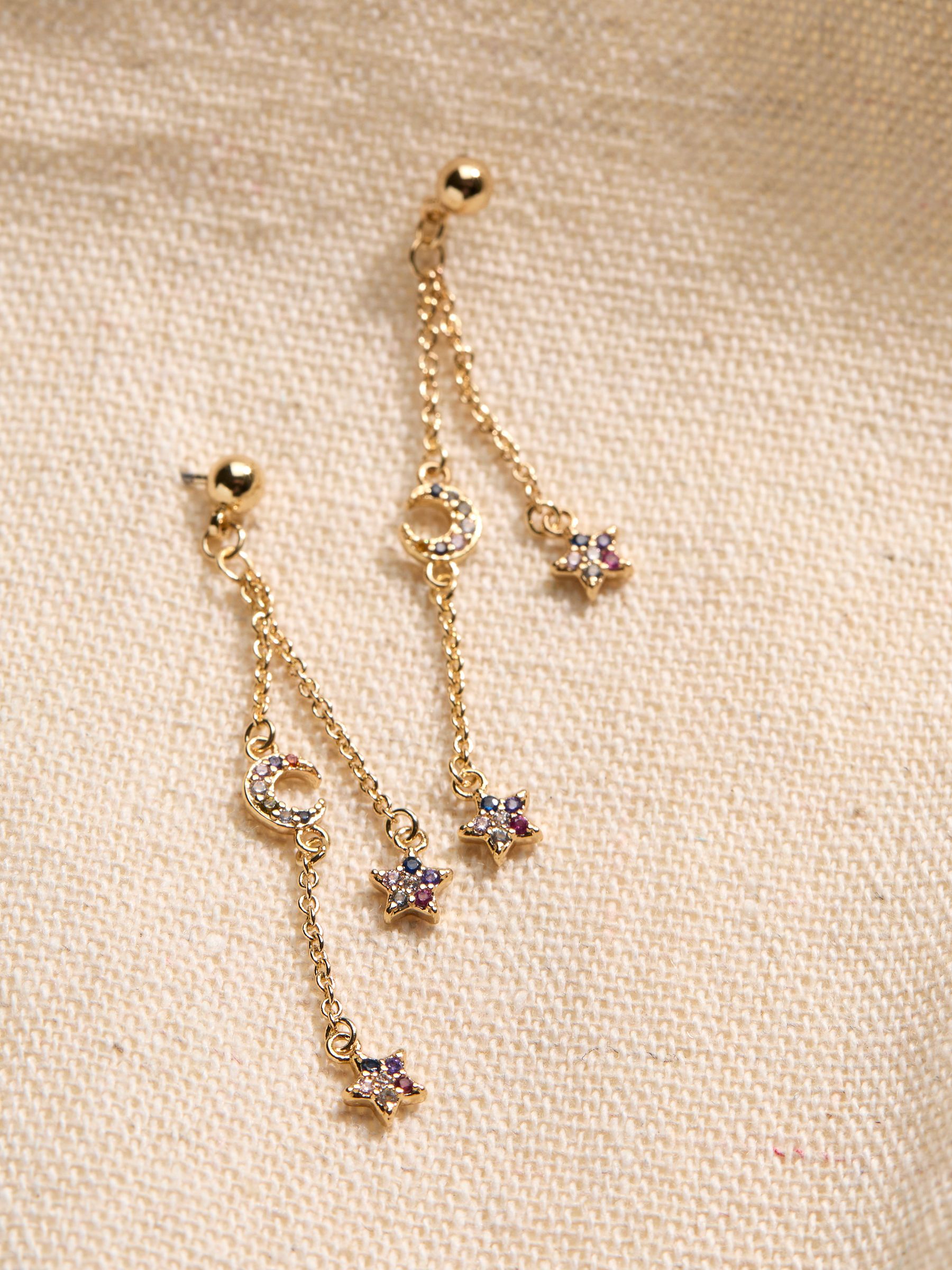 Gold Tone Star and Moon Chain Earrings - Image 2 of 2