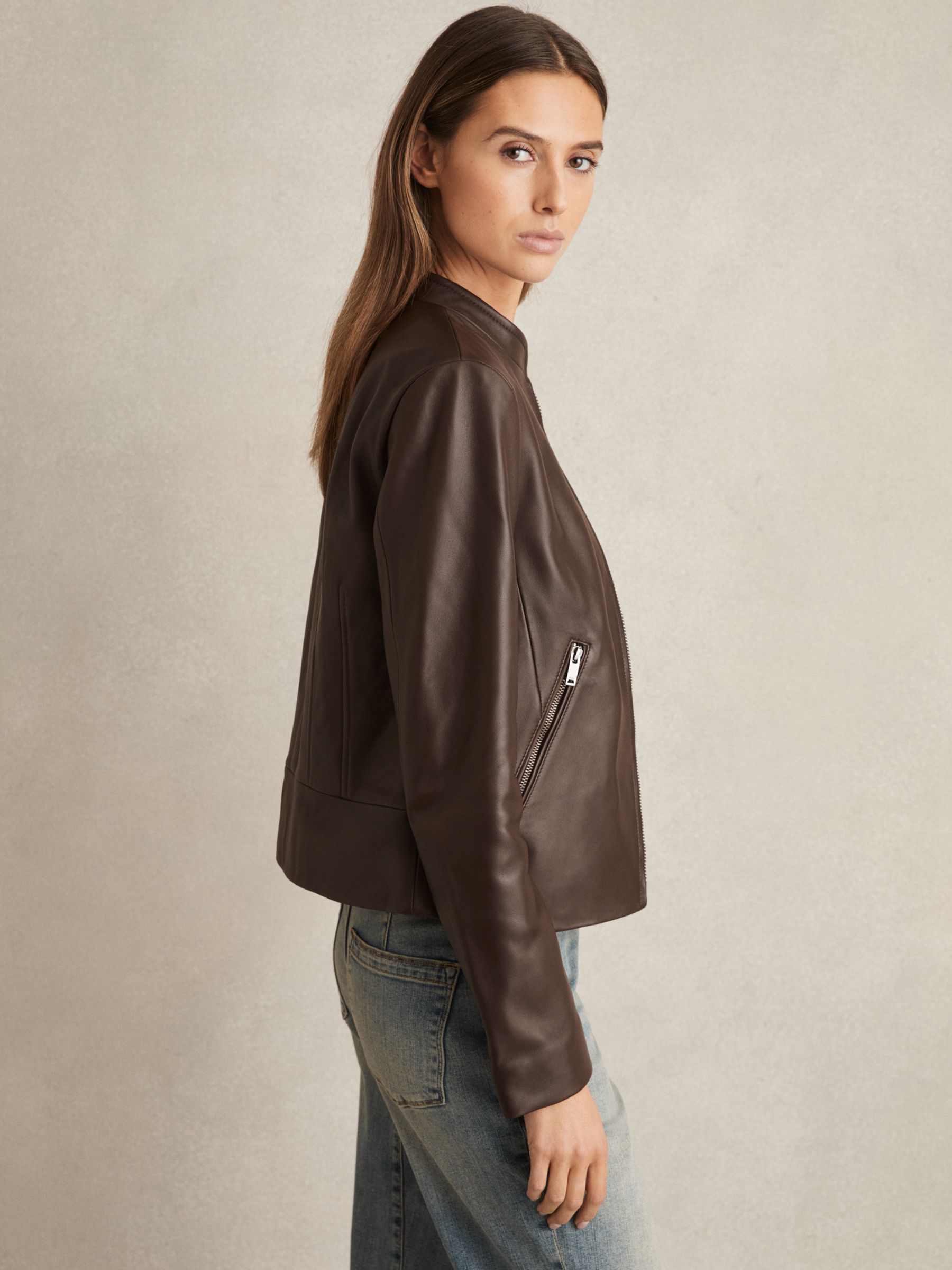 Leather Collarless Biker Jacket in Chocolate Brown - Image 3 of 6
