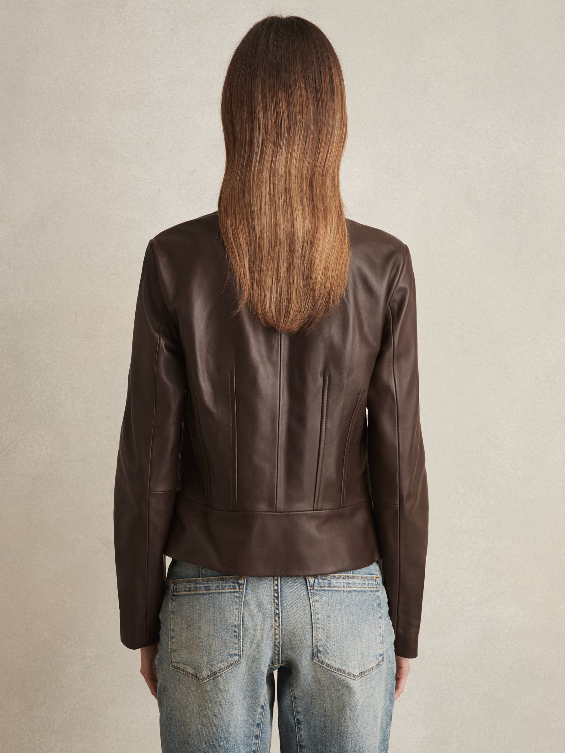 Leather Collarless Biker Jacket in Chocolate Brown - Image 5 of 6
