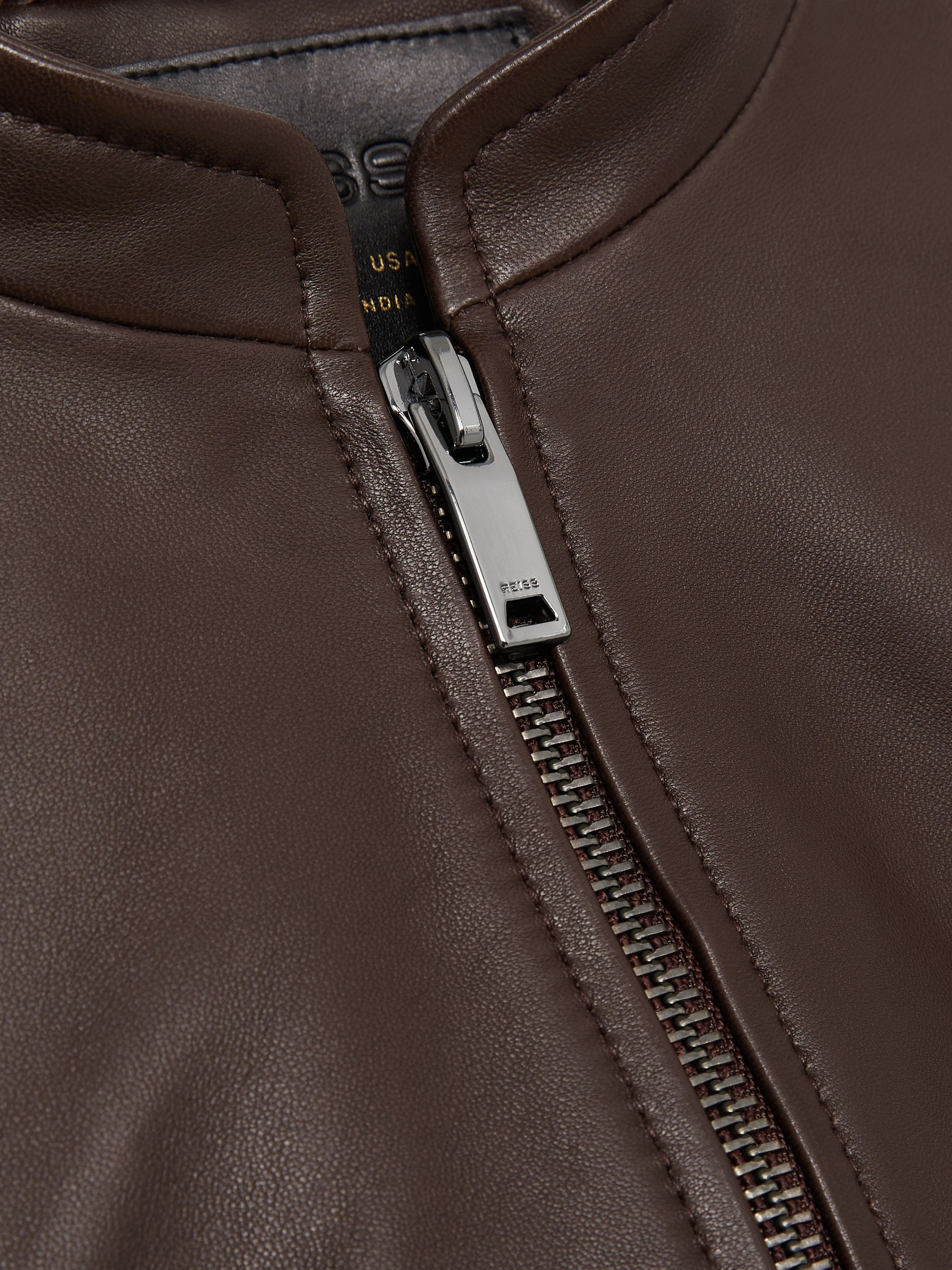 Leather Collarless Biker Jacket in Chocolate Brown - Image 6 of 6