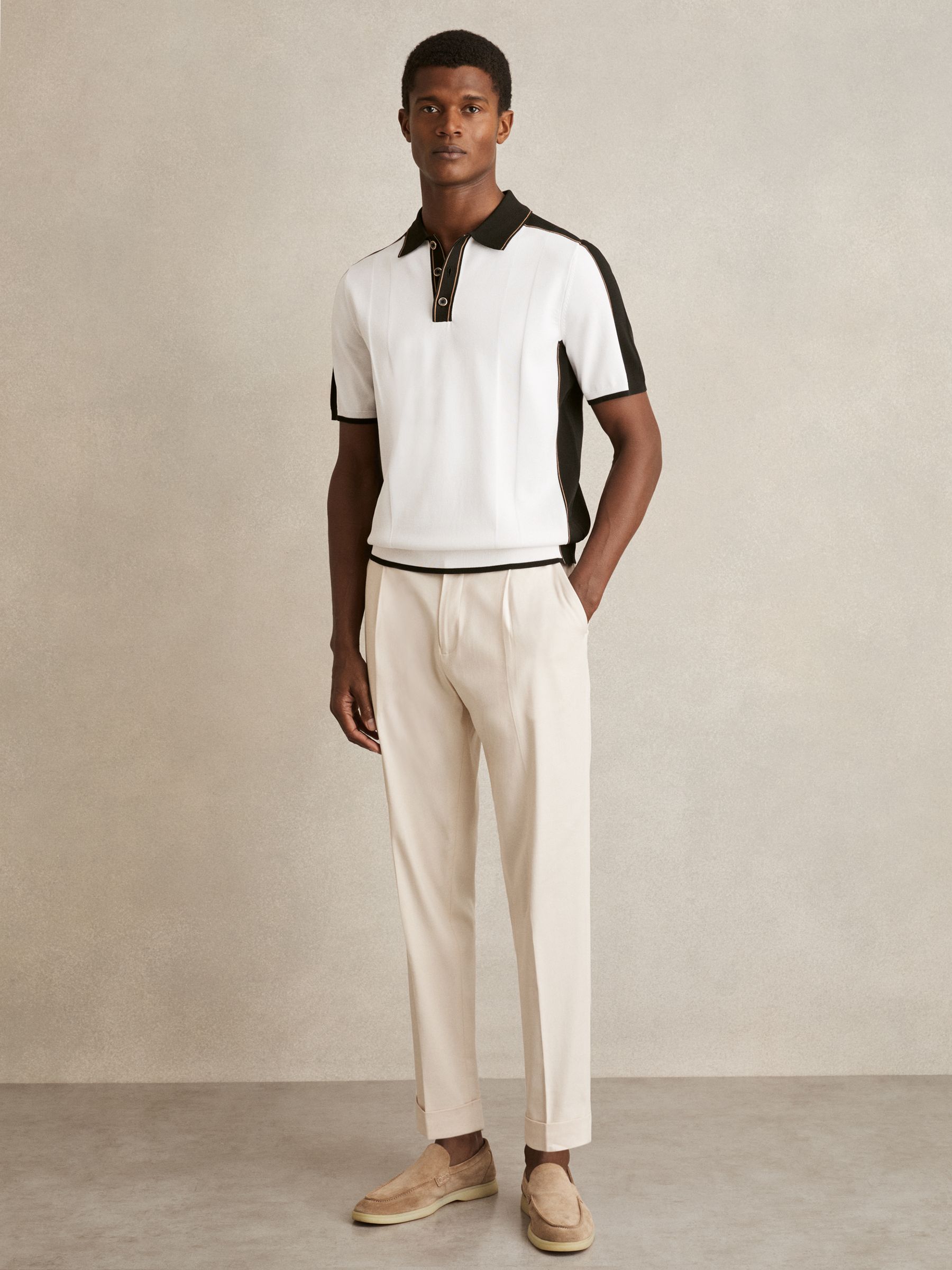 Colour-Block Knit Polo Shirt in Optic White/Green - Image 3 of 6