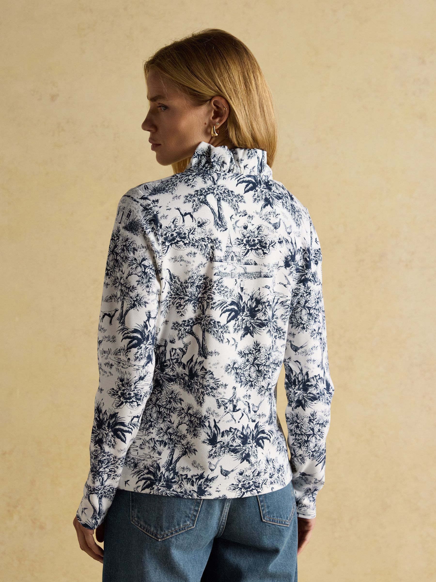 Heidi Cream/Navy Toile de Jouy Frill Neck Jersey Fitted Top | Joules