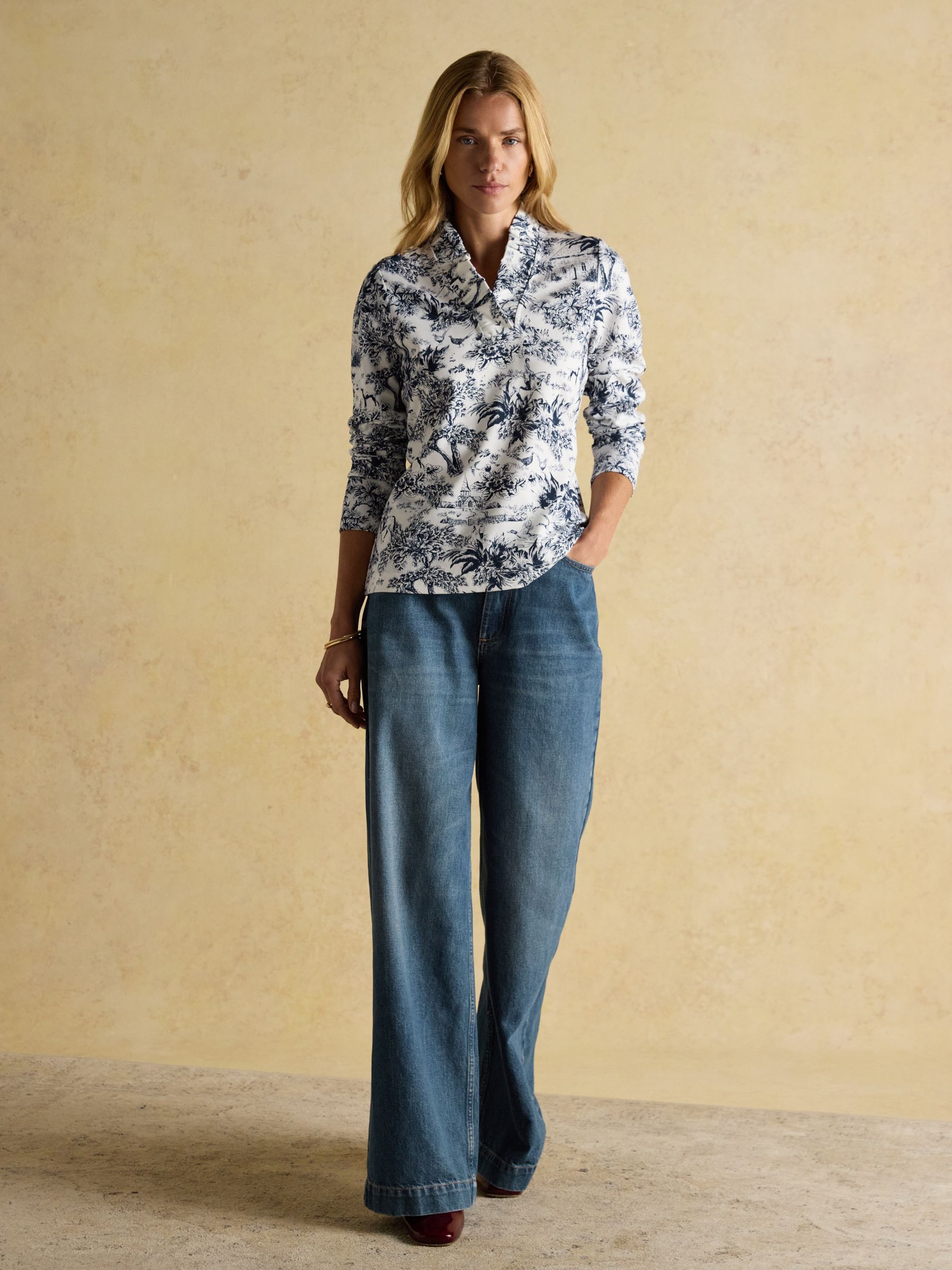 Heidi Cream/Navy Toile de Jouy Frill Neck Jersey Fitted Top - Image 3 of 8