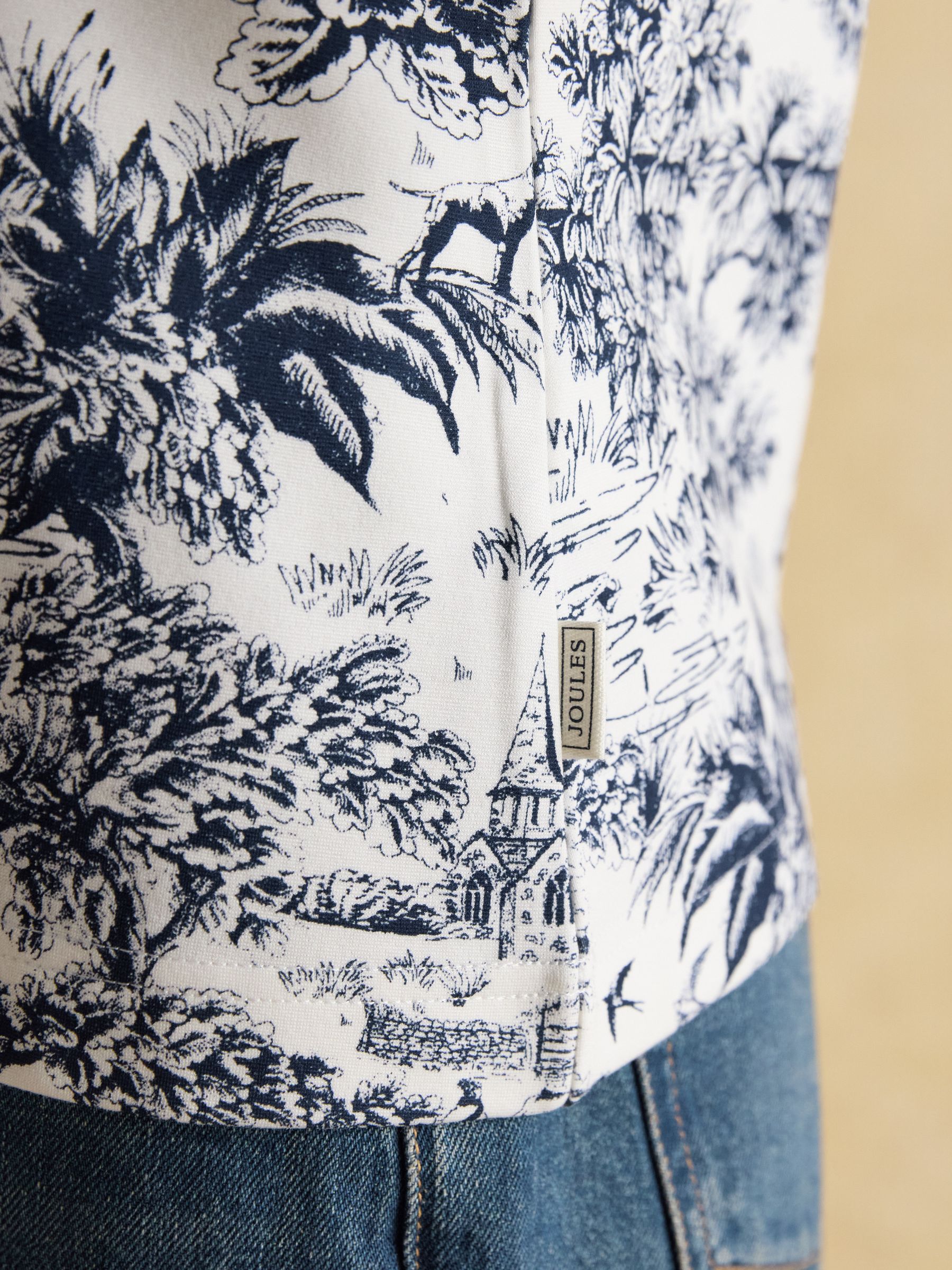 Heidi Cream/Navy Toile de Jouy Frill Neck Jersey Fitted Top - Image 6 of 8