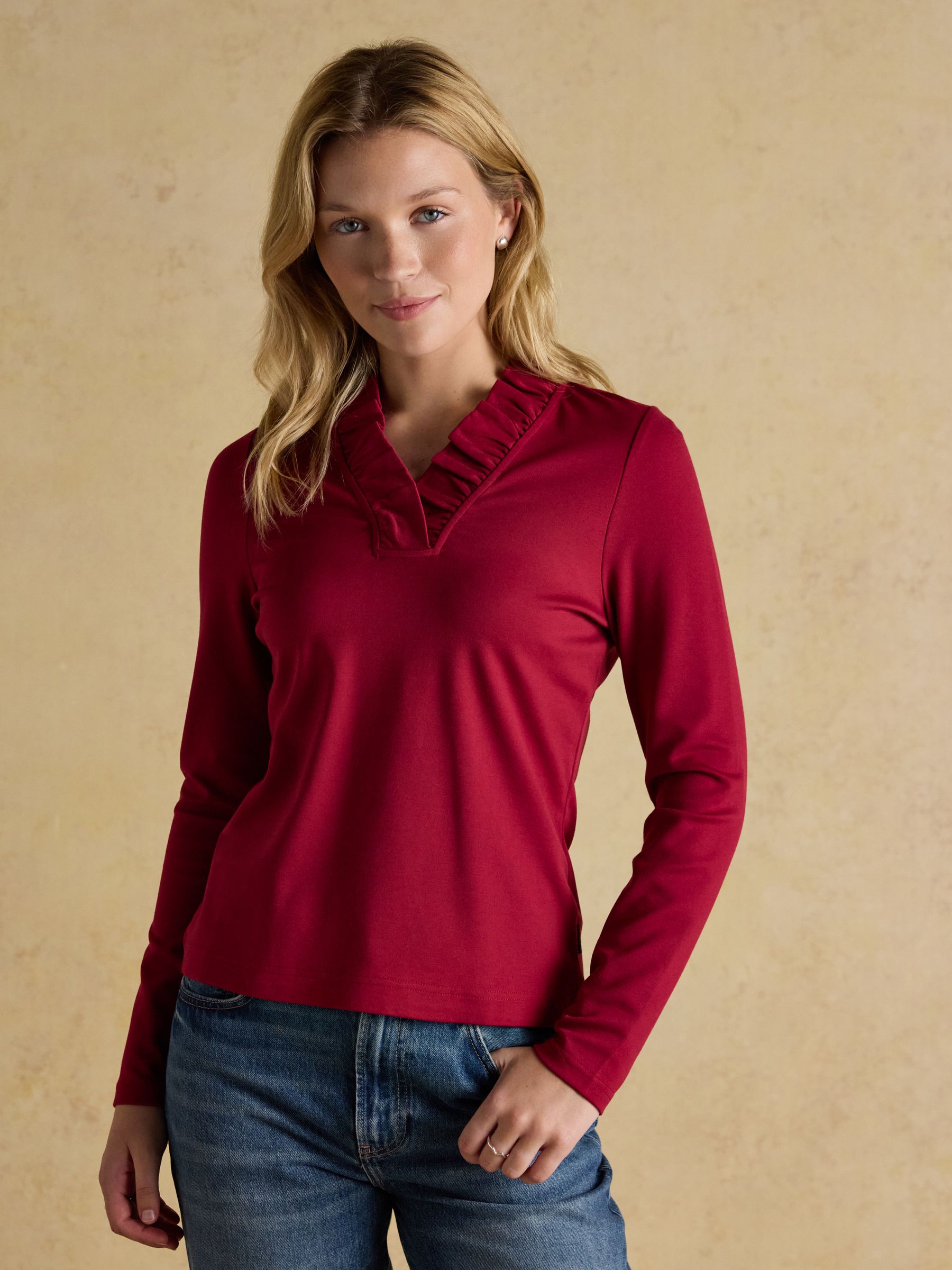Heidi Red Frill Neck Jersey Fitted Top - Image 1 of 6 Heidi Red Frill Neck Jersey Fitted Top - Image 1 of 6