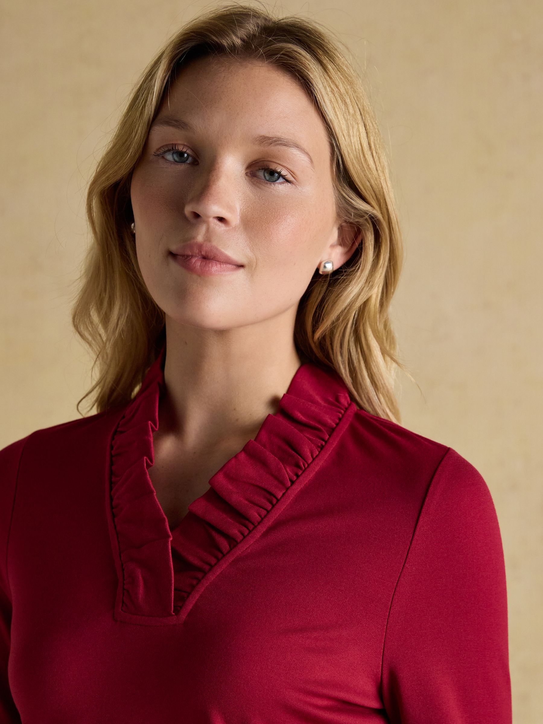 Heidi Red Frill Neck Jersey Fitted Top - Image 3 of 6