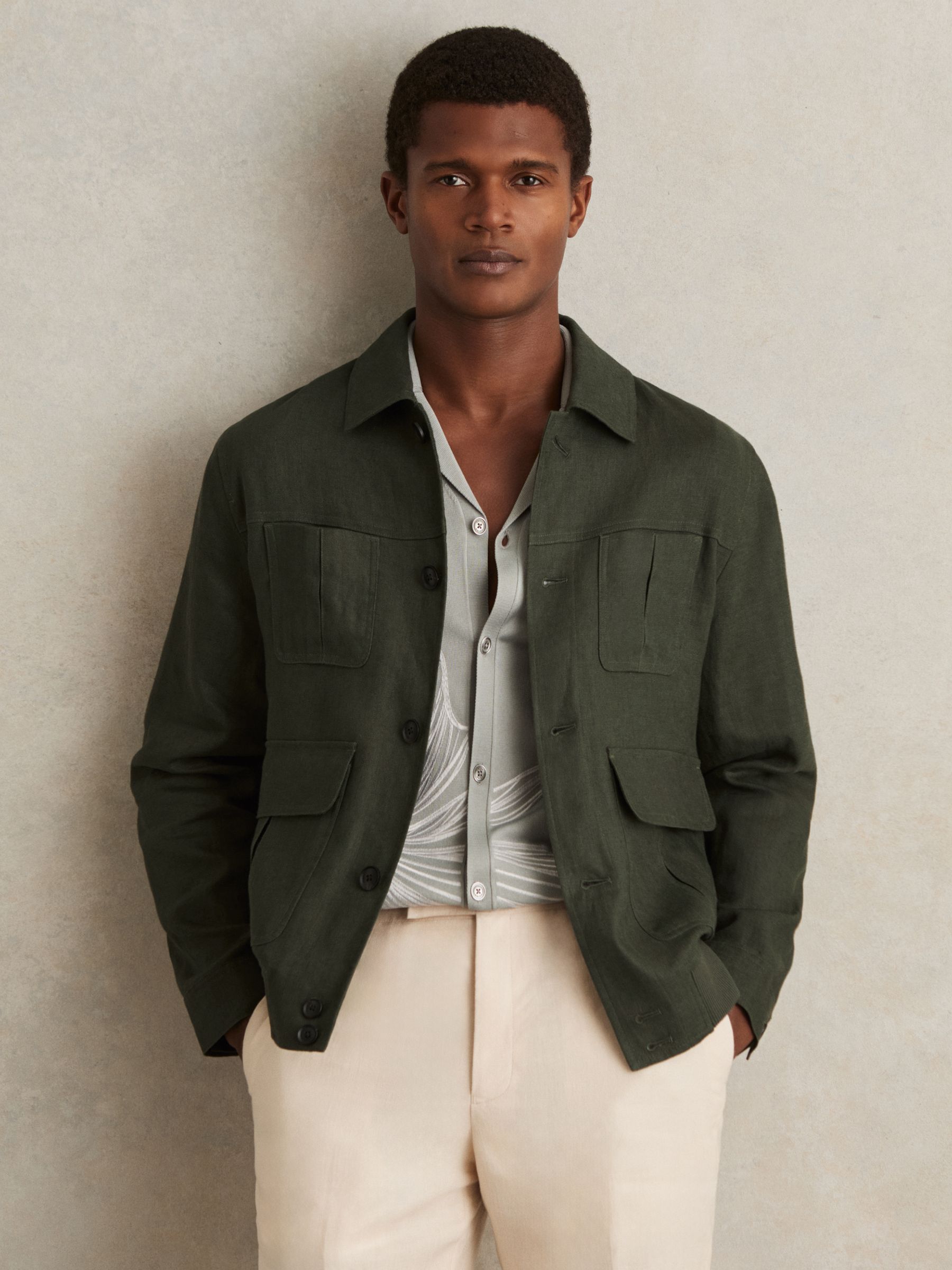 Linen Four-Pocket Jacket in Khaki Green - Image 3 of 7