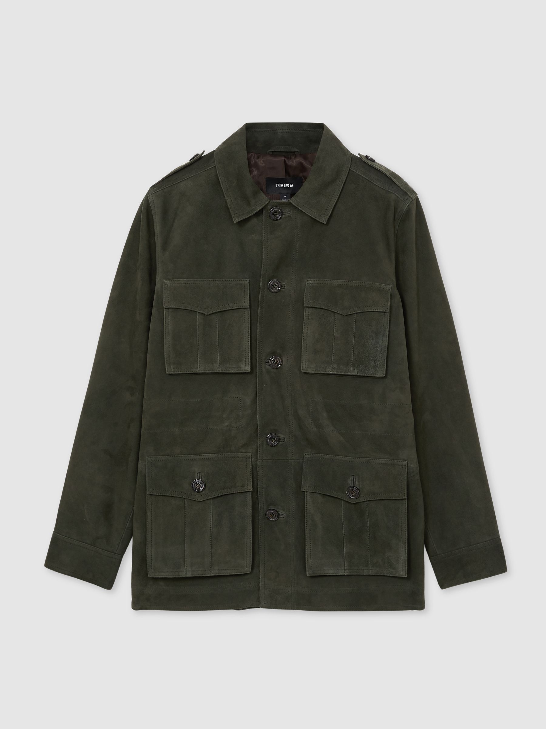 Reiss Suede Four Pocket Field Jacket in Dark Forest Green Reiss Suede Four Pocket Field Jacket in Dark Forest Green