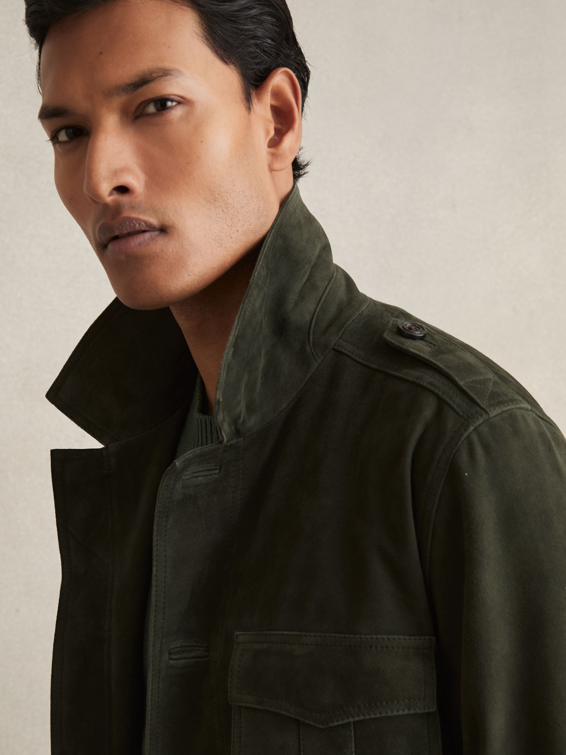 Reiss Suede Four Pocket Field Jacket in Dark Forest Green | REISS