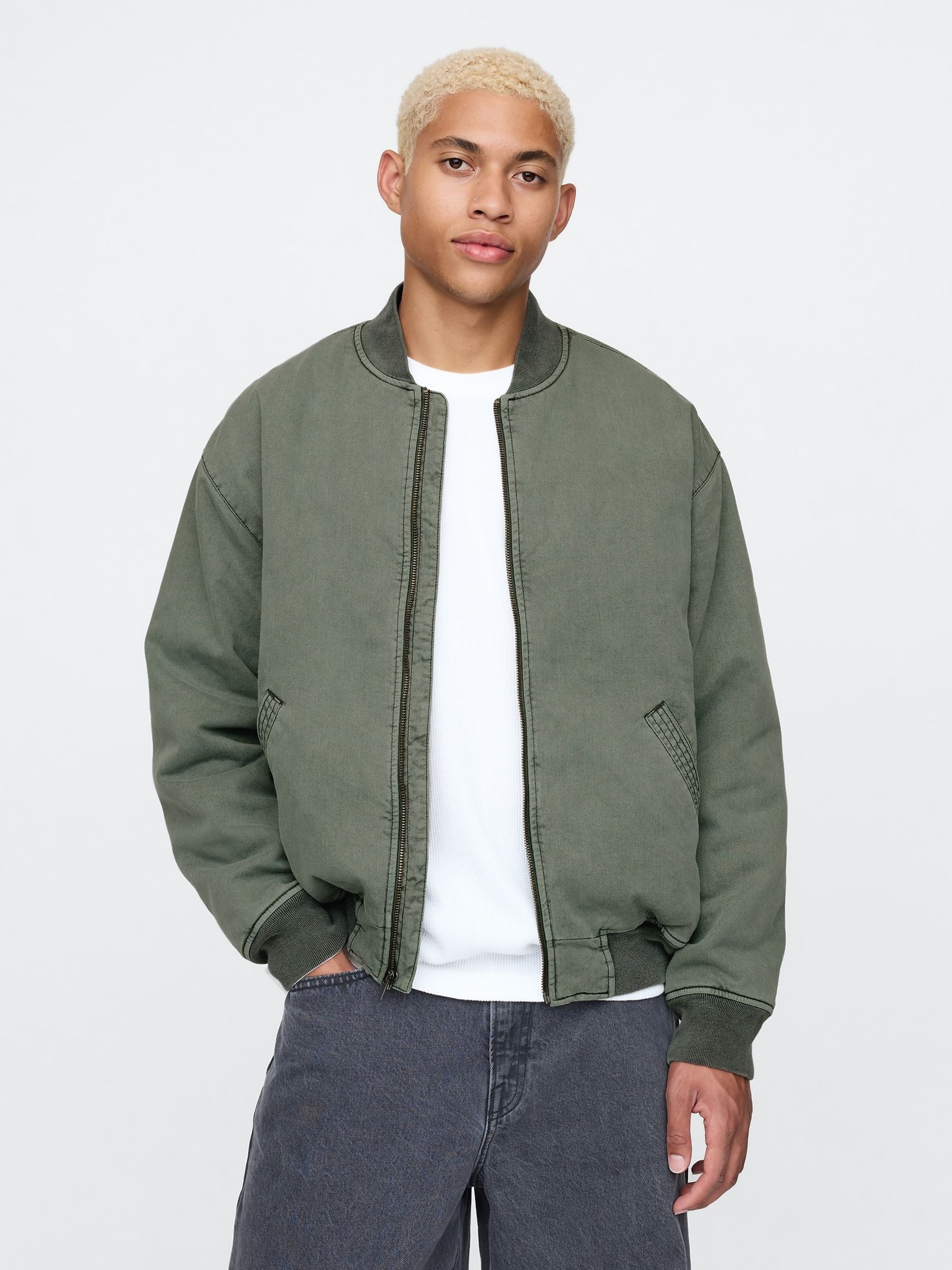 Khaki Green Oversized Bomber Jacket - Image 1 of 5