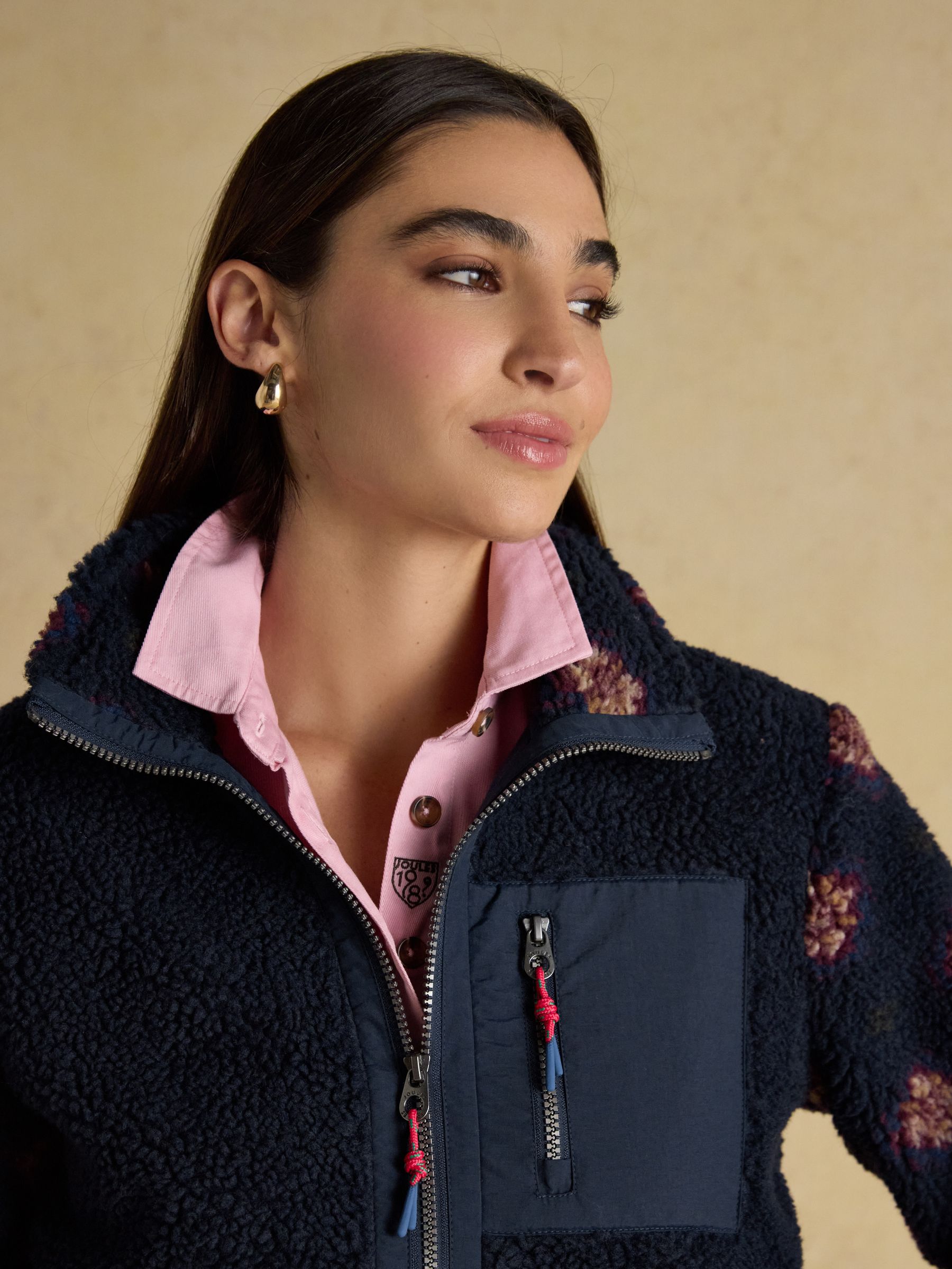 Lottie Navy/Red Geometric Print Borg Fleece with Zip Fastening