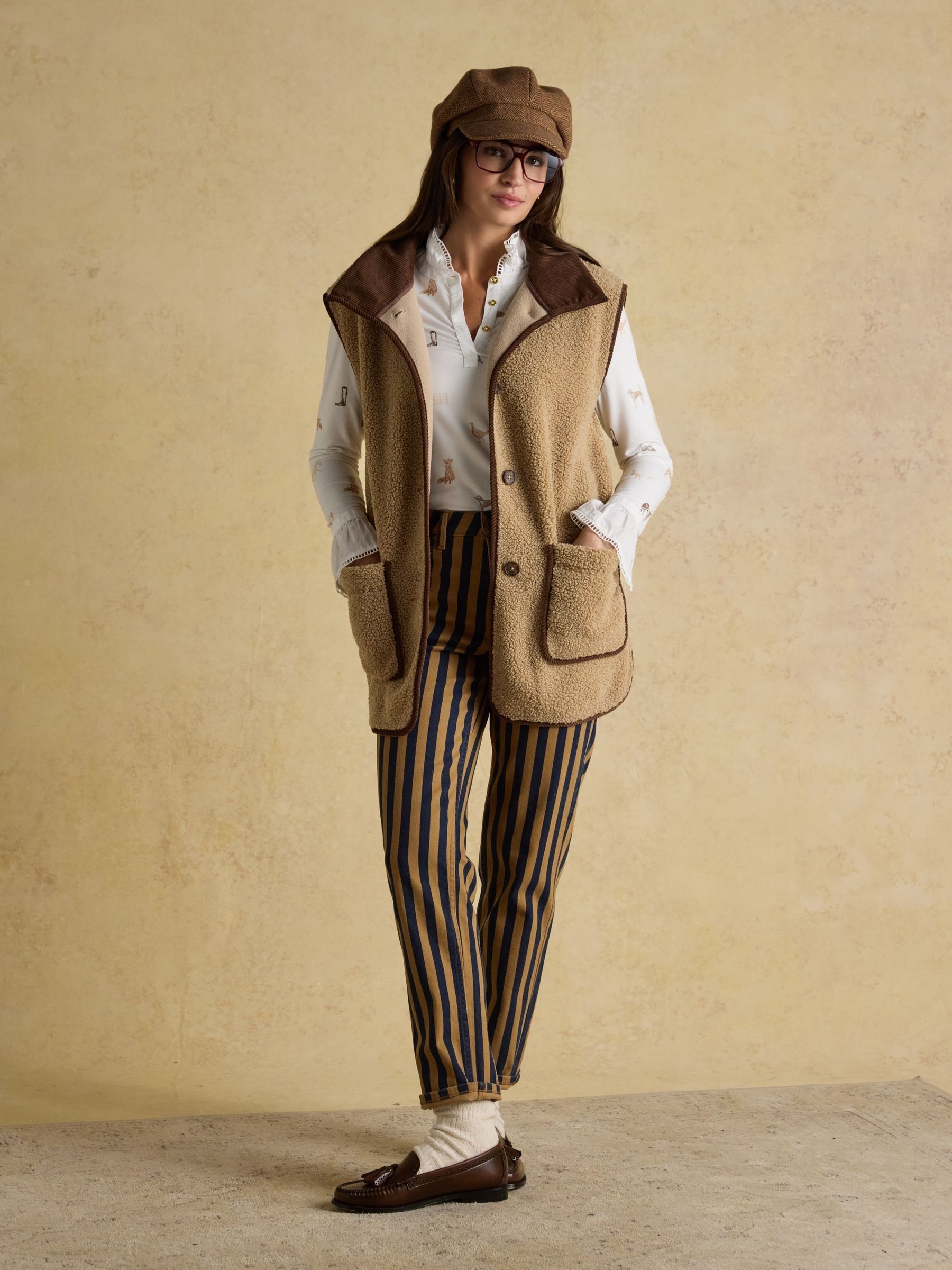 Sadie Taupe Longline Button Through Fleece Gilet | Joules